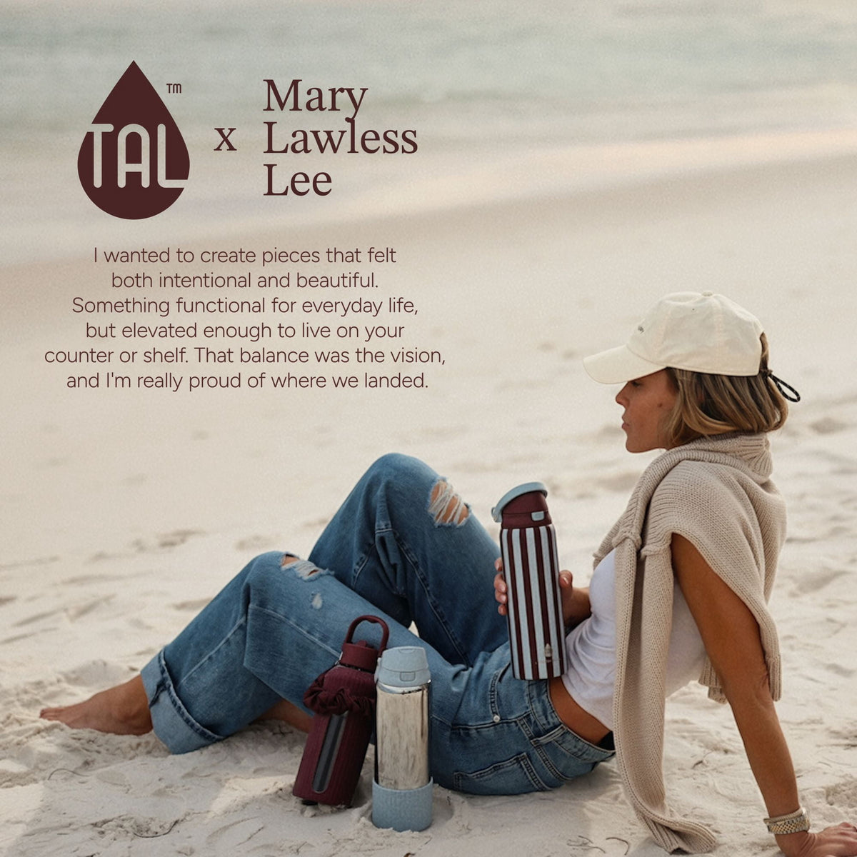 Mary Lawless Lee x TAL 32oz Glass Vista Water Bottle with Ribbed Sleeve and Strap, Blue