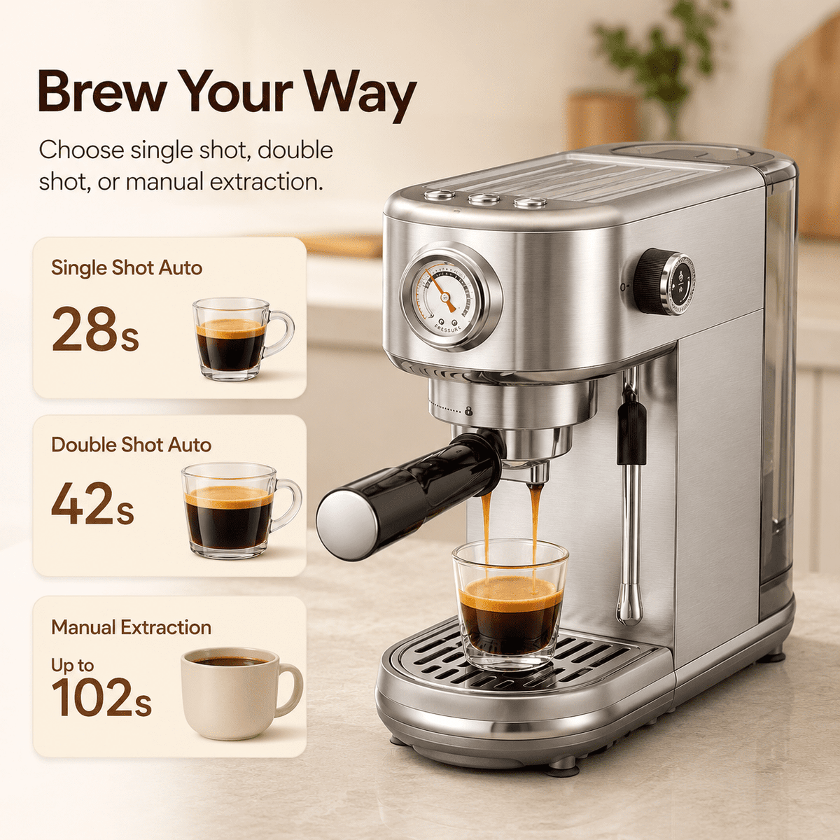 20 Bar Espresso Machine with Milk Frother, Steam Wand & Pressure Gauge, Amumu Compact Stainless Steel Coffee Maker for Cappuccino & Latte, Silver