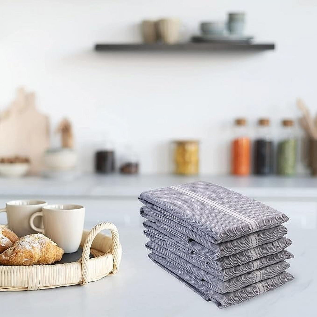 Kitchen Towels Set - 100% Pure Cotton Super Absorbent Hand Towel, Grey Tea Towels, Soft & Durable, Pack of 12 – 15”x25”, Grey Stripe