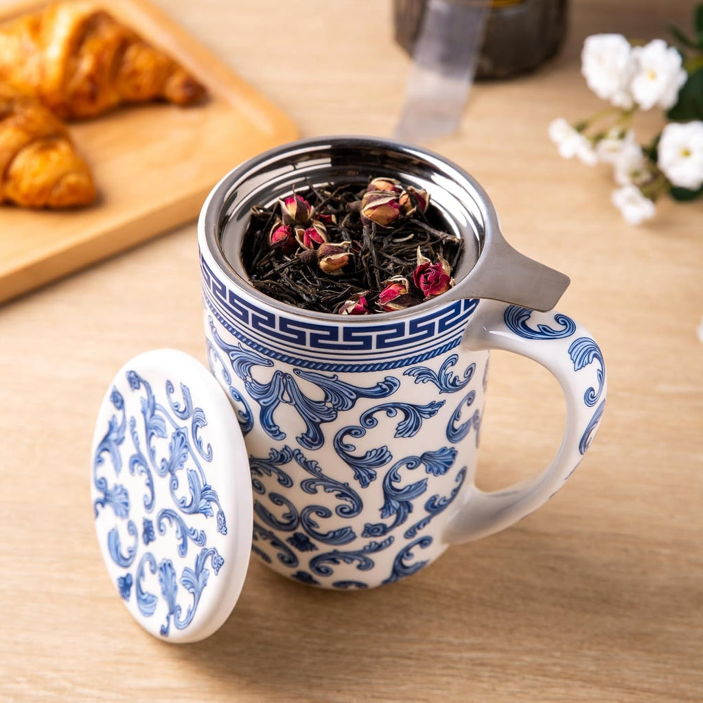 AmorArc Porcelain Tea Mug with Infuser and Lids, 18 Oz Cup Strainer Bag Holder for Loose Leaf Tea, Steeping Coffee Well-wrapped Box House-warming Wedding Birthday Gift, YelloRed