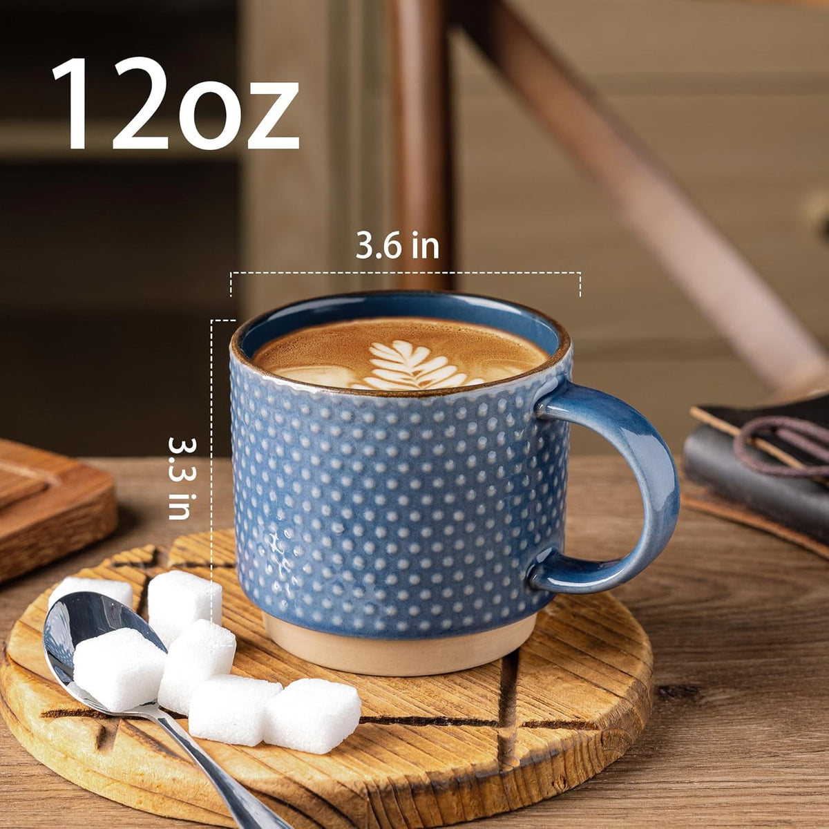 AmorArc 12OZ Stackable Ceramic Coffee Mugs with Texture Patterns, Modern Mug Set of 4 for Latte, Cappuccino and Cocoa, Dishwasher & Microwave Safe, off-white
