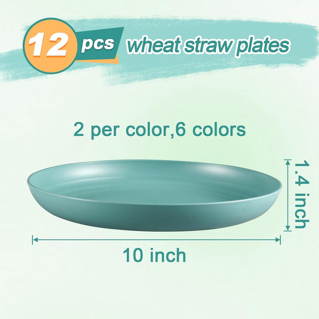 10 Inch Wheat Straw Plates, 12 Pcs Unbreakable Dinner Set, BPA Free, Microwave & Dishwasher Safe, Eco-Friendly, 6 Colors, Lightweight