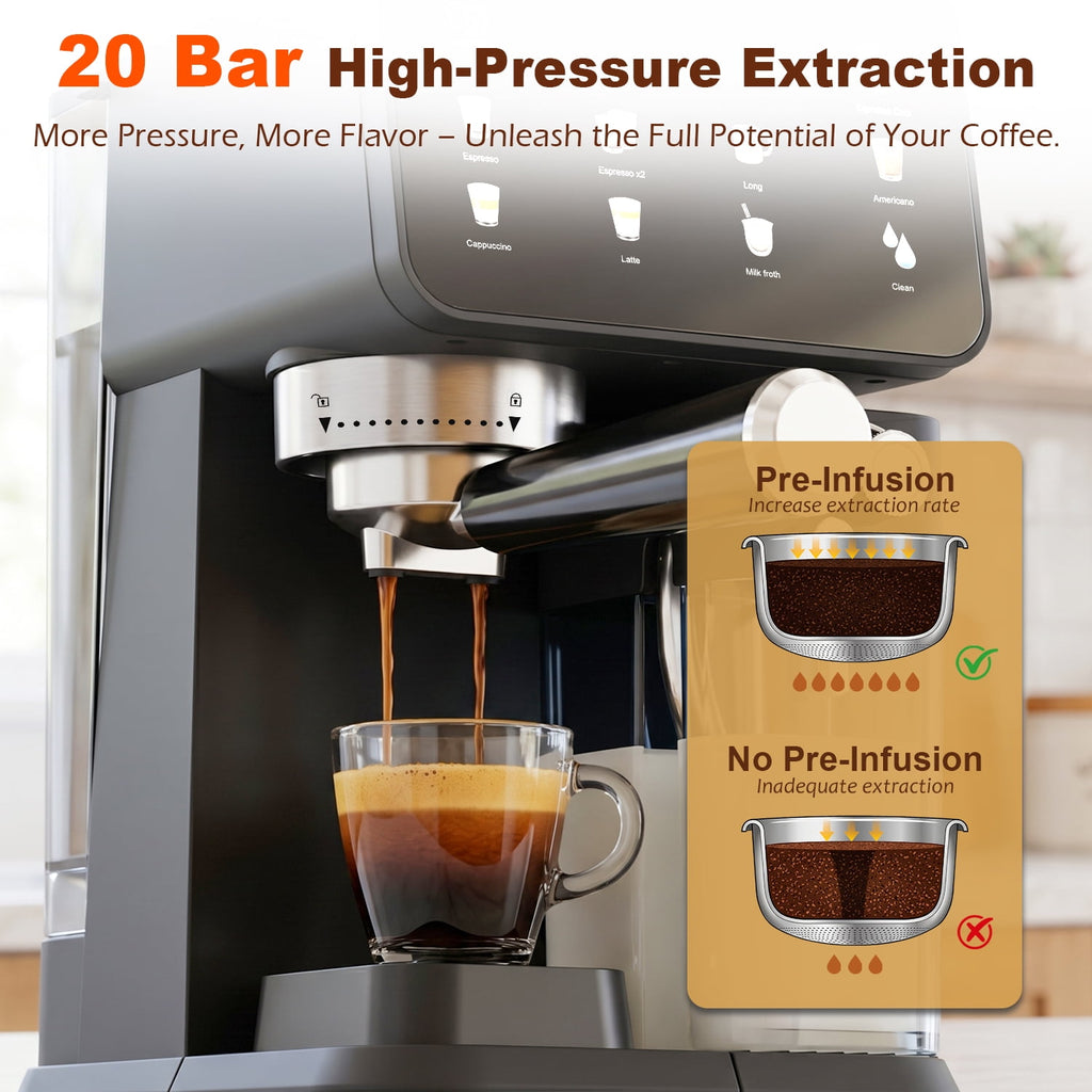 Bluebow Espresso Machine with Color Touchscreen, 20 Bar Espresso Maker with Automatic Milk Frother, Coffee Maker for Home - Cold Brew Cappuccino Latte Americano, 1350W