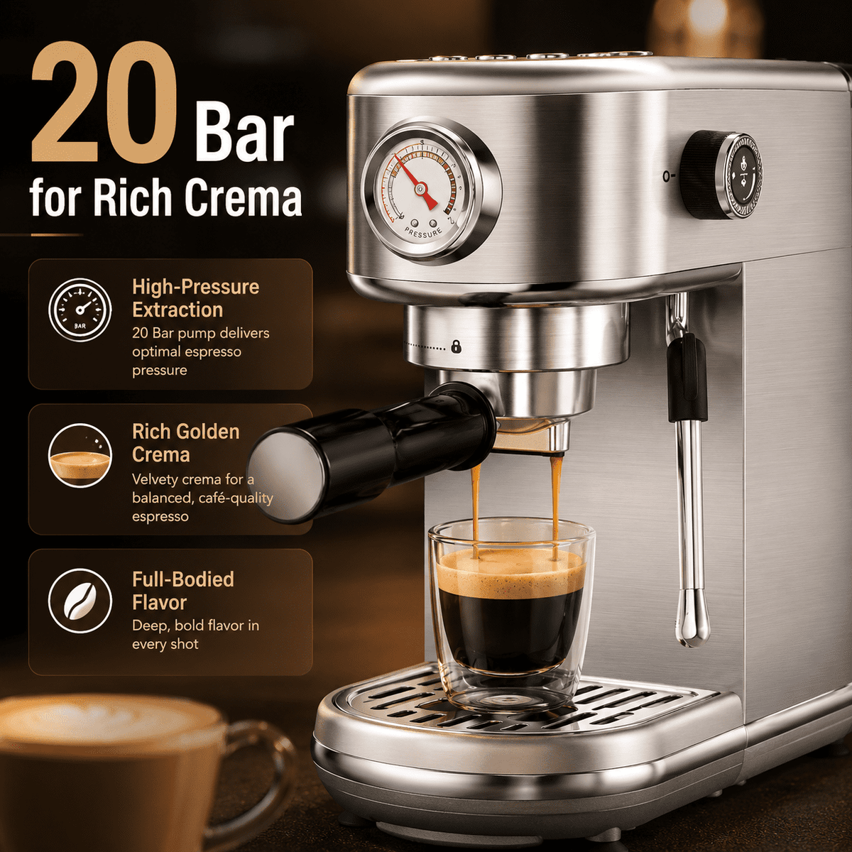 20 Bar Espresso Machine with Milk Frother, Steam Wand & Pressure Gauge, Amumu Compact Stainless Steel Coffee Maker for Cappuccino & Latte, Silver