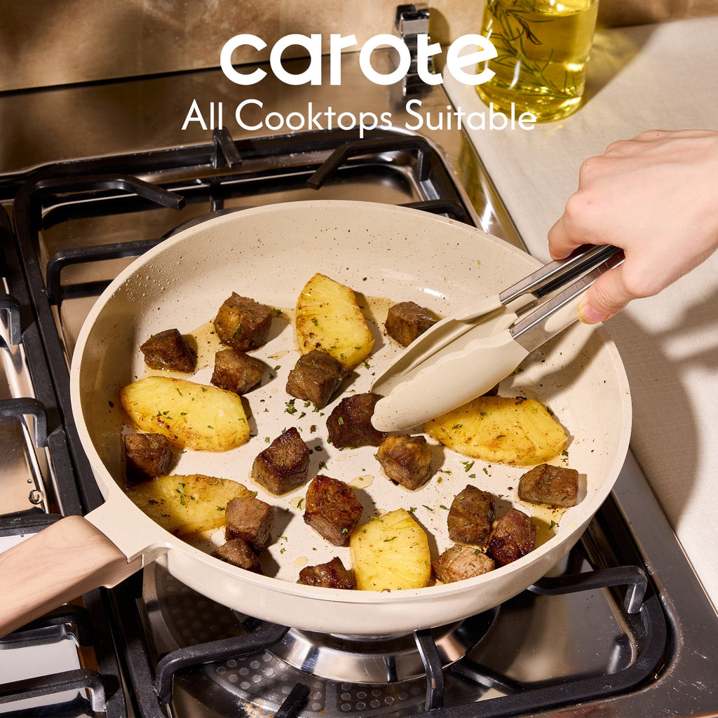 CAROTE 19-Piece Ceramic Pots and Pans Set, Nonstick Cookware Set with Lids, Induction Compatible, Oatmeal