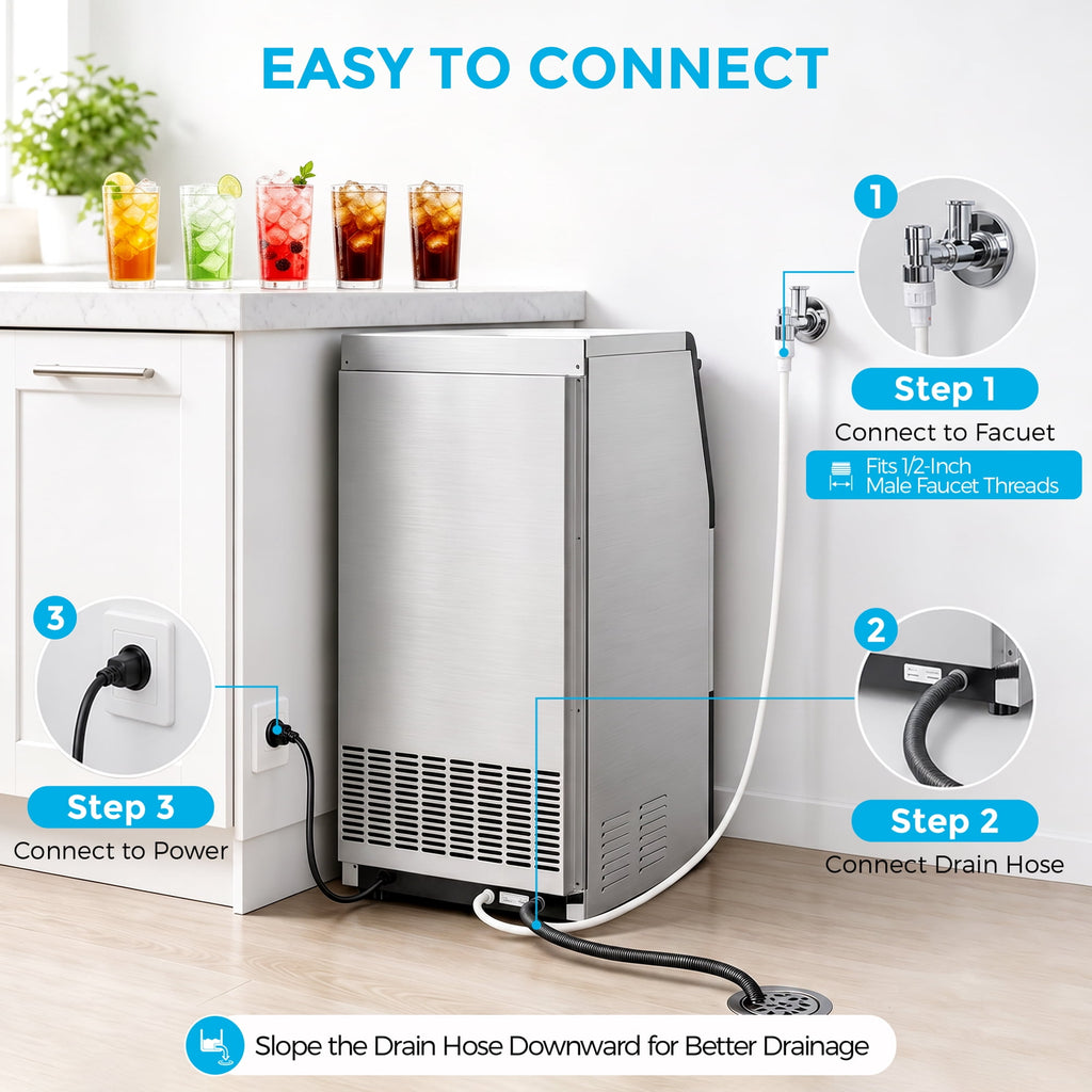 Snowyermine Residential/Commercial Ice Maker, 100 lbs/24H, 33 lb Storage Bin,Built-In or Freestanding Under Counter Ice Machine, Self-Cleaning for Restaurant, Bar, Cafe & Home, Silver