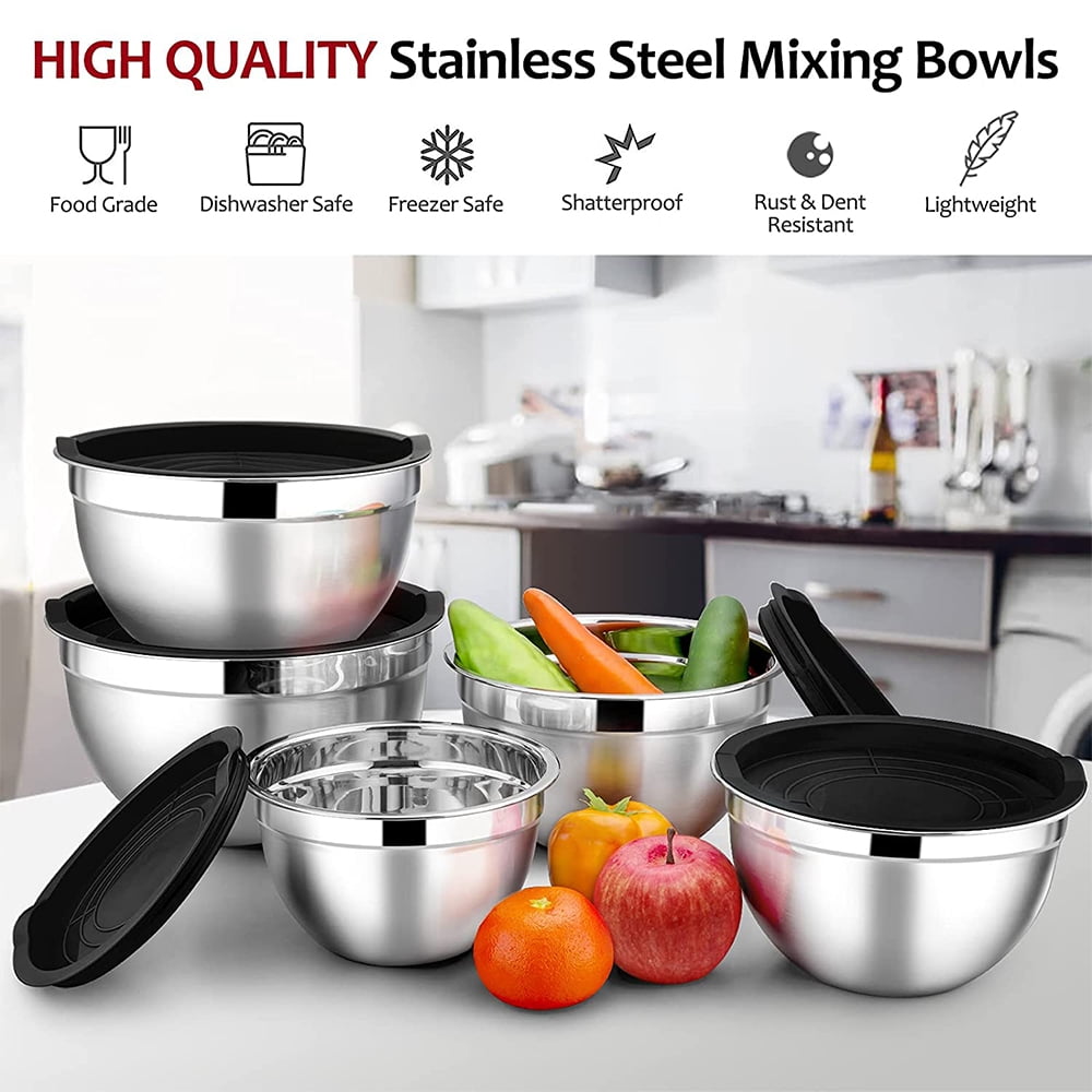 Mixing Bowls with Lids Set of 5, Vesteel Stainless Steel Mixing Bowls Metal Nesting Salad Bowls, Size 4.5, 3, 1.5, 1, 0.7 QT Great for Cooking, Baking, Serving - Multi-Color