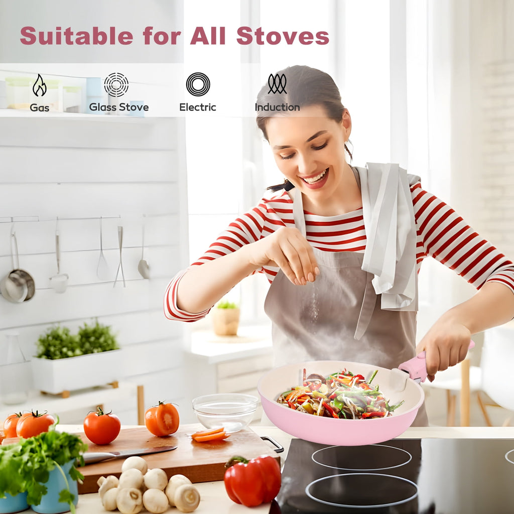 17 Piece Ceramic Pots and Pans Set Non Stick, Cookware Set with Detachable Handle, Oven Safe, Induction Ready, Stackable RV Kitchen Cooking Set Removable Handles, Cream White