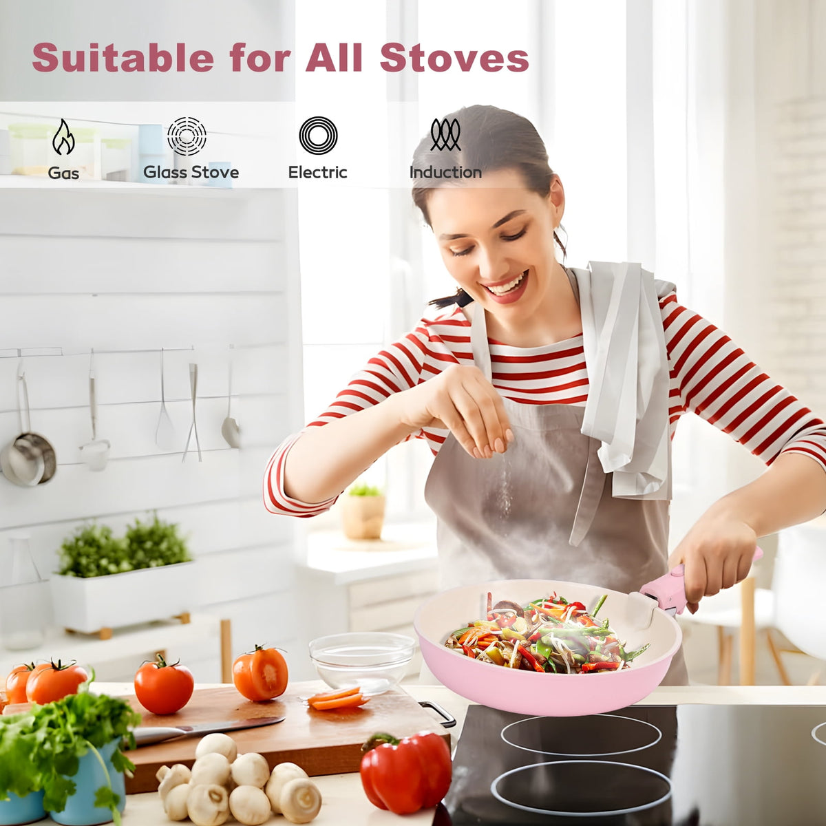 17 Piece Ceramic Pots and Pans Set Non Stick, Cookware Set with Detachable Handle, Oven Safe, Induction Ready, Stackable RV Kitchen Cooking Set Removable Handles, Cream White