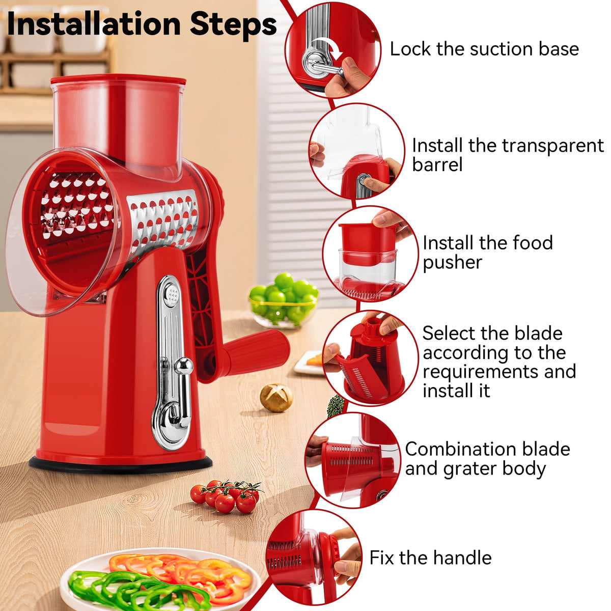 Pukomc Rotary Cheese Grater with Handle- 5 Blades, Suction Base, Mandoline Slicer & Veg Shredder with Blade Storage Box(Green)