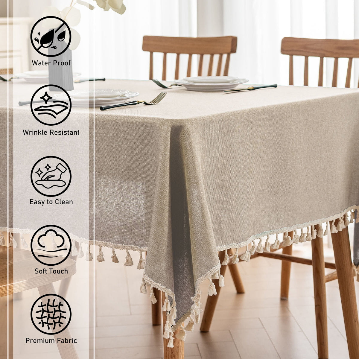 Soulgenix Tablecloth, 55"*70" Rectangle Table Cloth with Tassel, Table Cover for Dining, Party, Home, Fits Tables 30"×45" (4-6 seats), Beige