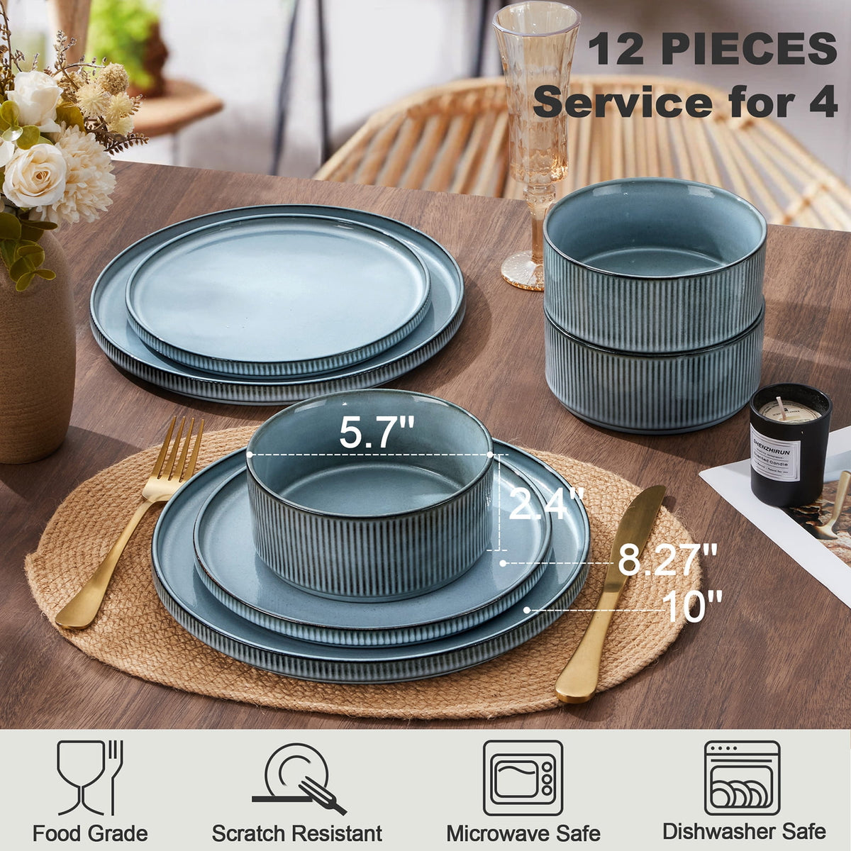 Vesteel 12 Pieces Dinnerware Set for 4, Premium Stoneware Ribbed Dishes, Chip & Scratch Resistant Plates and Bowls Set for Home Restaurant, Microwave and Dishwasher Safe - Speckled White