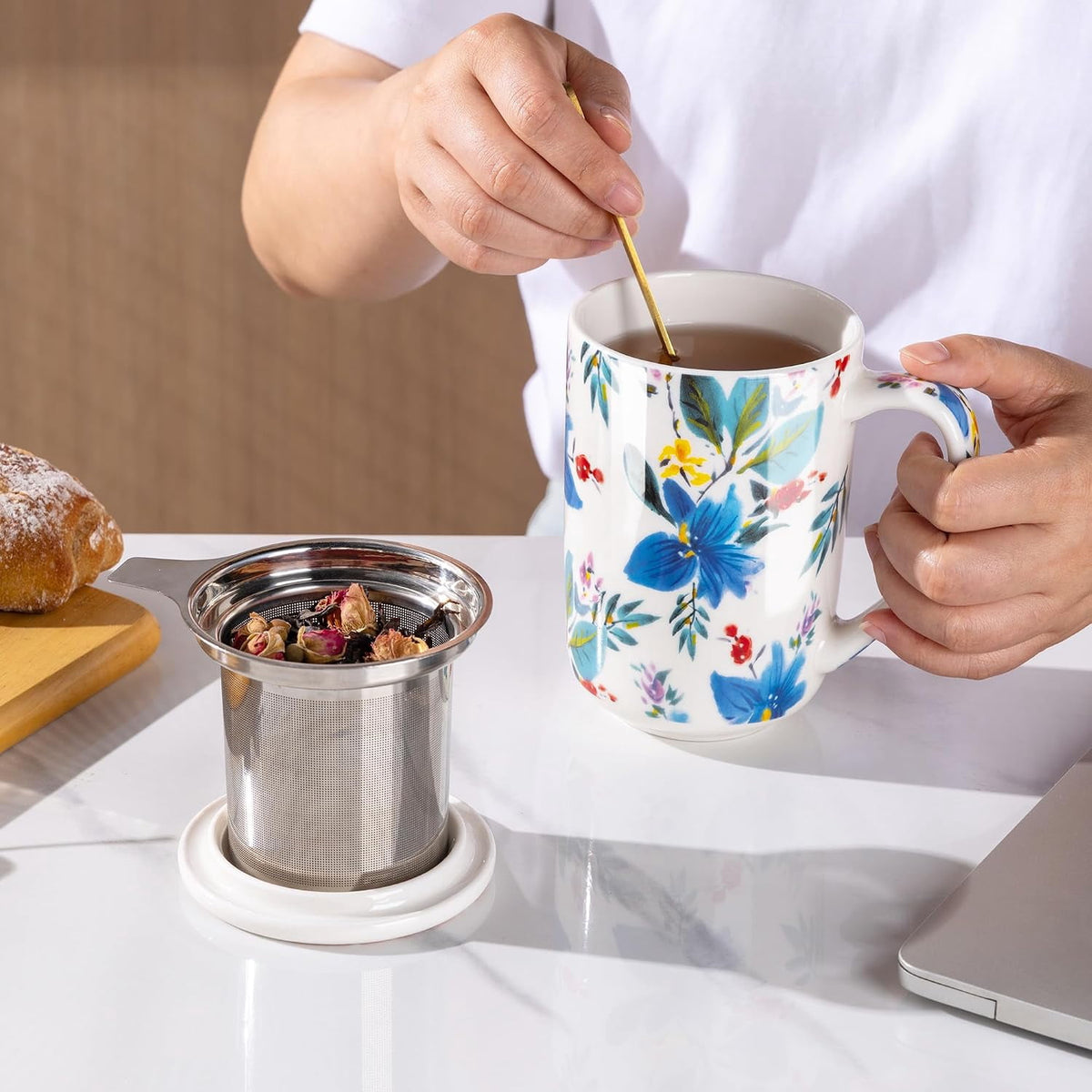 AmorArc Porcelain Tea Mug with Infuser and Lids, 18 Oz Cup Strainer Bag Holder for Loose Leaf Tea, Steeping Coffee Well-wrapped Box House-warming Wedding Birthday Gift, YelloRed
