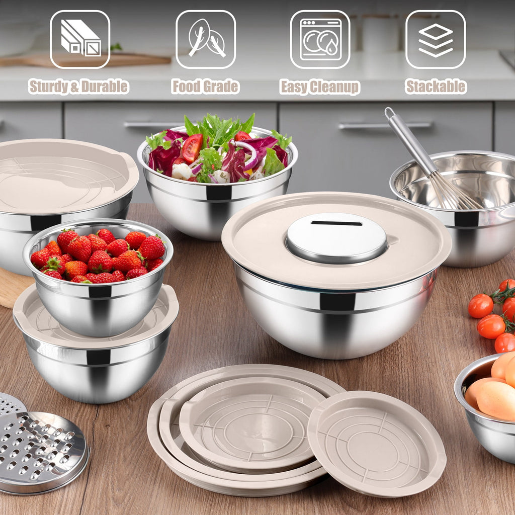 Mixing Bowls with Lids Set of 5, Vesteel Stainless Steel Mixing Bowls Metal Nesting Salad Bowls, Size 4.5, 3, 1.5, 1, 0.7 QT Great for Cooking, Baking, Serving - Multi-Color