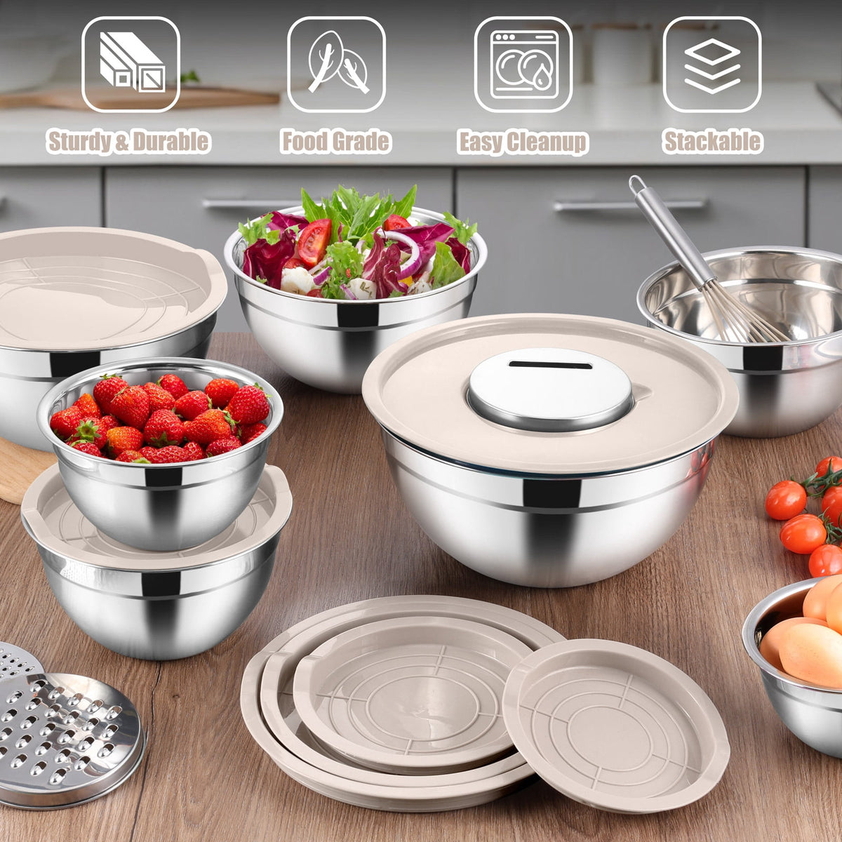 Mixing Bowls with Lids Set of 5, Vesteel Stainless Steel Mixing Bowls Metal Nesting Salad Bowls, Size 4.5, 3, 1.5, 1, 0.7 QT Great for Cooking, Baking, Serving - Multi-Color