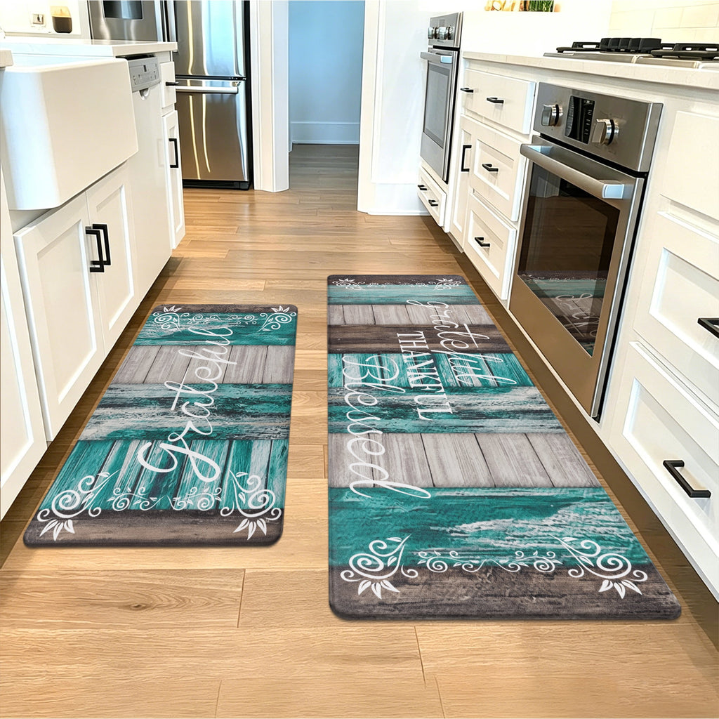 MeyJey Farmhouse Kitchen Rug Set of 2, Non-Slip Anti-Fatigue Waterproof Cushioned Mat for Kitchen, Dining & Laundry Room, 18"x30"+18"x48" Teal/Brown