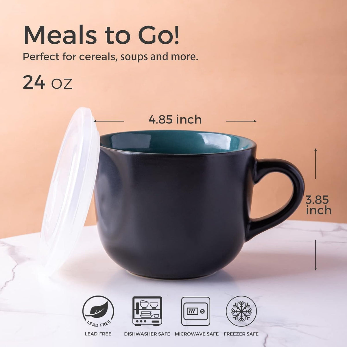 AmorArc Ceramic Soup Mugs with Lid, 24 oz Soup Cups with Hanlde for Coffee,Cereal,Salad,Noodles,Tea,Soup Bowls Cups,Microwave &Dishwasher Safe, Set of 4, Blue with Vented lid