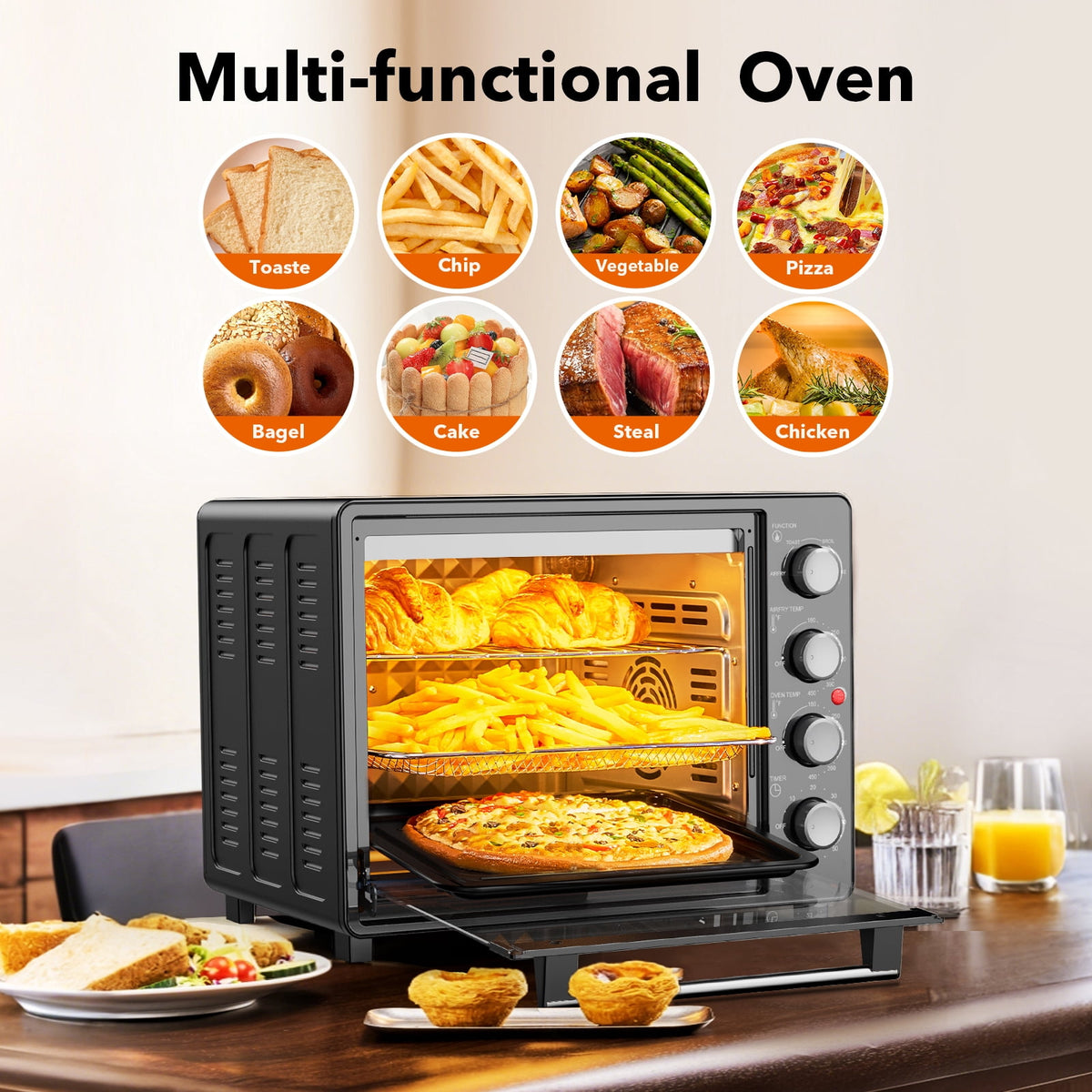 34 QT Super-Large Air Fryer, Electric Toaster Oven Countertop, Pizza, Warm, Broil, Toast, Bake, Air Fry, 1500W, 5 Functions, 85% Oil-Less
