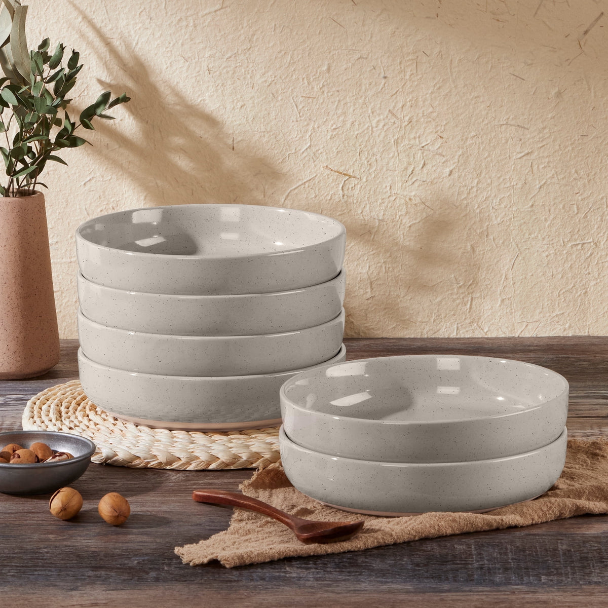 Vesteel Pasta Bowls Set of 6, 32oz Large Salad Bowl for Home Kitchen, Ceramic Serving Plates for Soup, Cereal, Fruits, Microwave & Dishwasher Safe, Speckled White