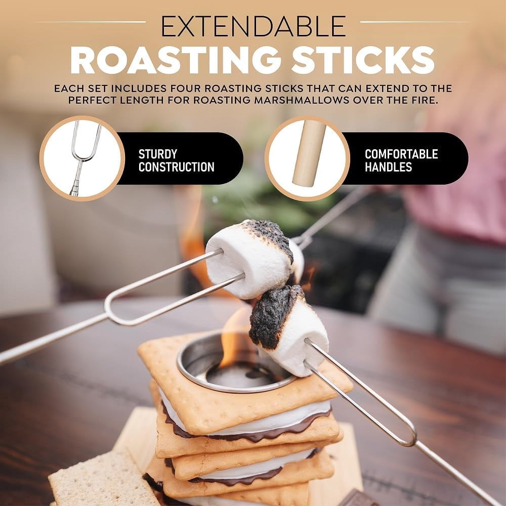Tabletop S'Mores Maker Kit & Charcuterie Serving Set, Includes 4 Extendable Roasting Sticks, Bamboo Tray, Gift for Houswarmings, Parties and Weddings, Give Fun for Family Night