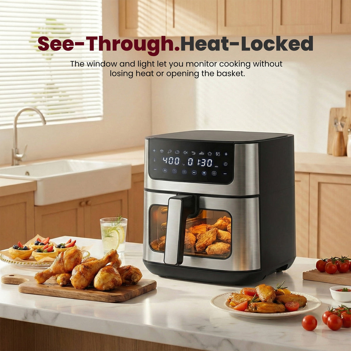 EDX 6QT Stainless Steel Air Fryer with Digital Touchscreen, 1500W, 8 Presets, Dishwasher Safe Basket, 90 Min Timer, 24H Delay Start, Gray
