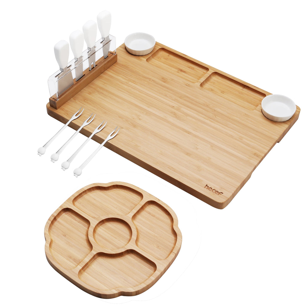 Hecef Bamboo Cheese Board and Knife Set, 13-Piece Large Charcuterie Serving Tray, 17 in