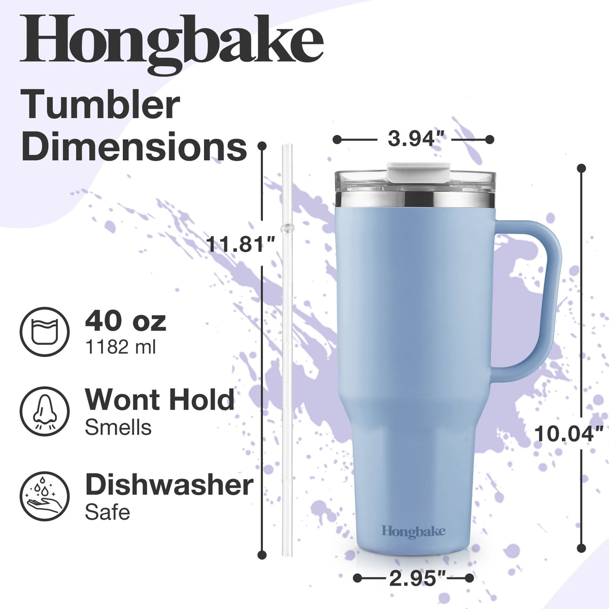 HONGBAKE 40 oz Tumbler with Handle and Straw Lid, Insulated Stainless Steel Tumbler, Travel Mug Fits Cup Holder, Dusty Lavender