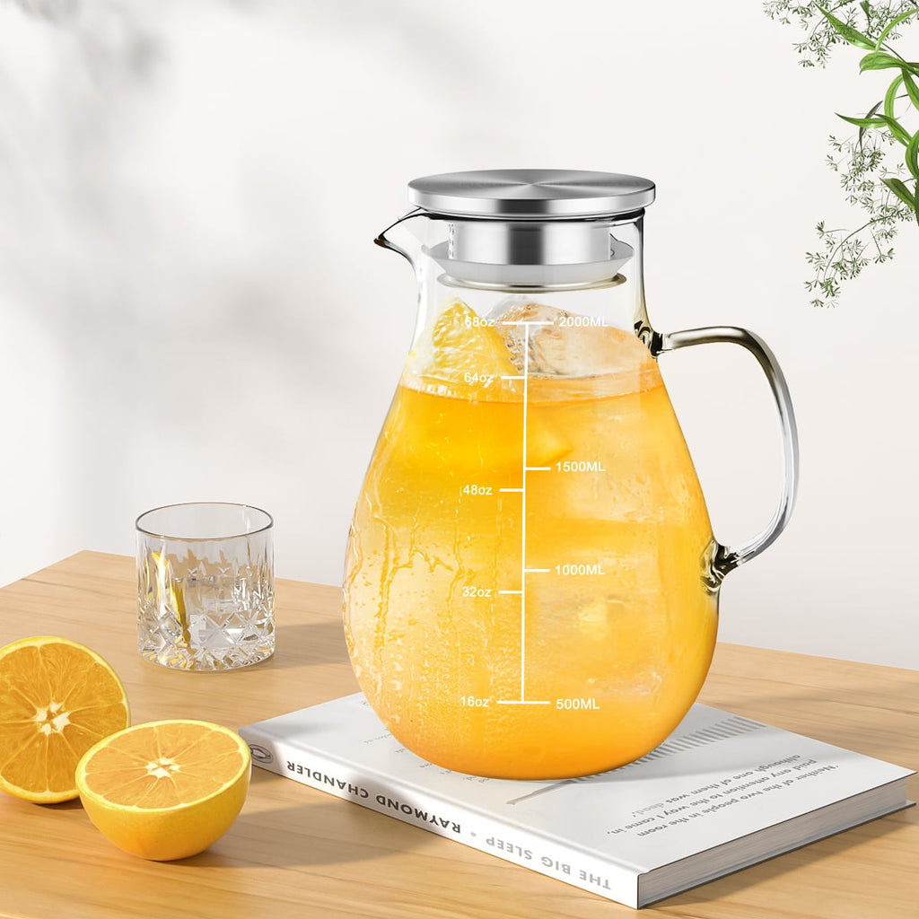 68 oz Glass Pitcher with Lid and Spout, 2 L Heat & Cold Resistant Glass Water Carafe with Precise Scale Line for Hot/Cold Water, Easy to Clean Large Drink Pitcher for Cold and Hot Beverage