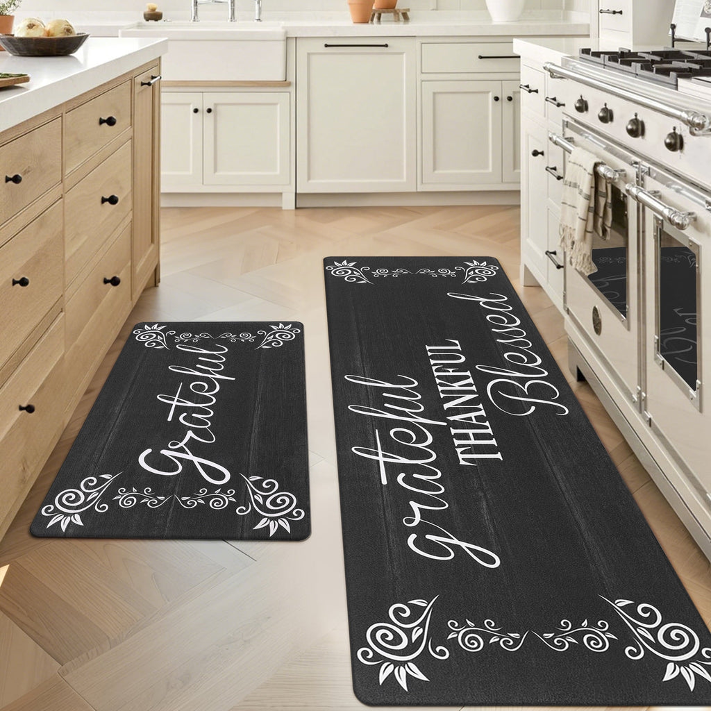 MeyJey Farmhouse Kitchen Rug Set of 2, Non-Slip Anti-Fatigue Waterproof Cushioned Mat for Kitchen, Dining & Laundry Room, 18"x30"+18"x48" Teal/Brown