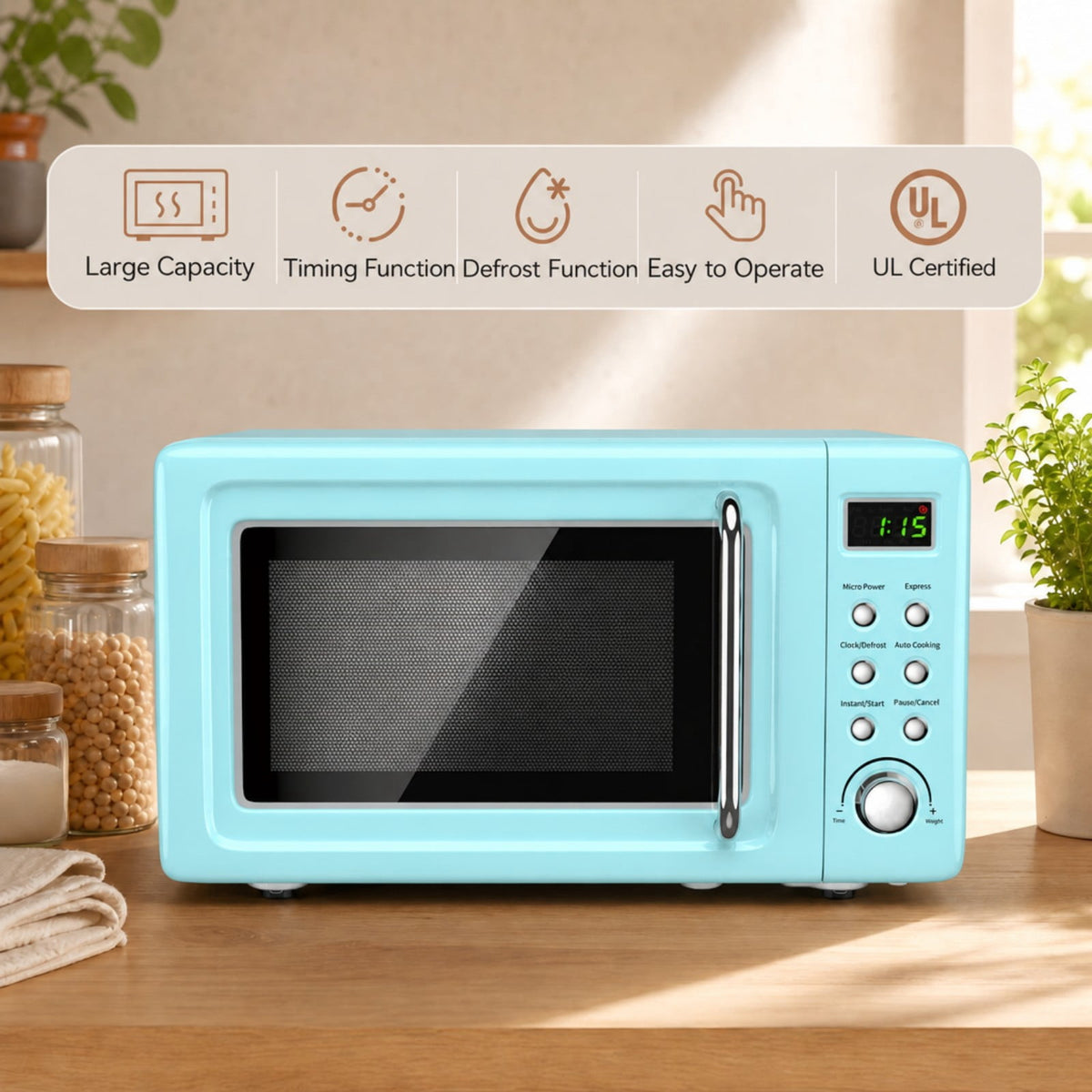 Costway 0.7 Cu.ft Retro Countertop Microwave Oven 700W LED Display Glass Turntable Rose Gold