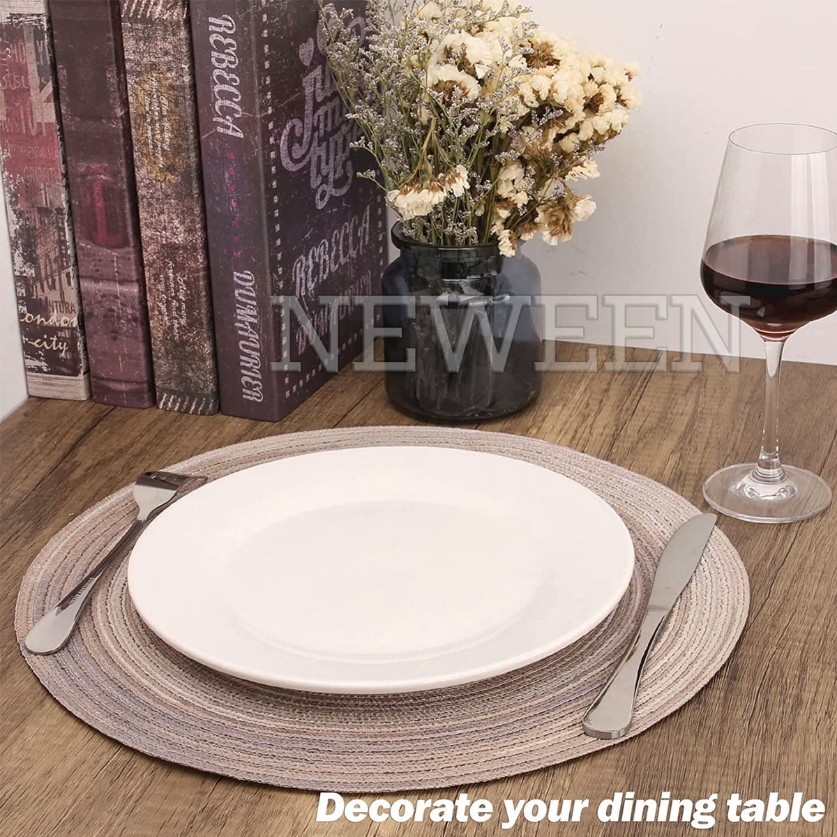 NEWEEN 15" Round Placemats Set of 6 Braided Fabric Heat Resistant Washable Table Mat for Kitchen for Kitchen Party Decor