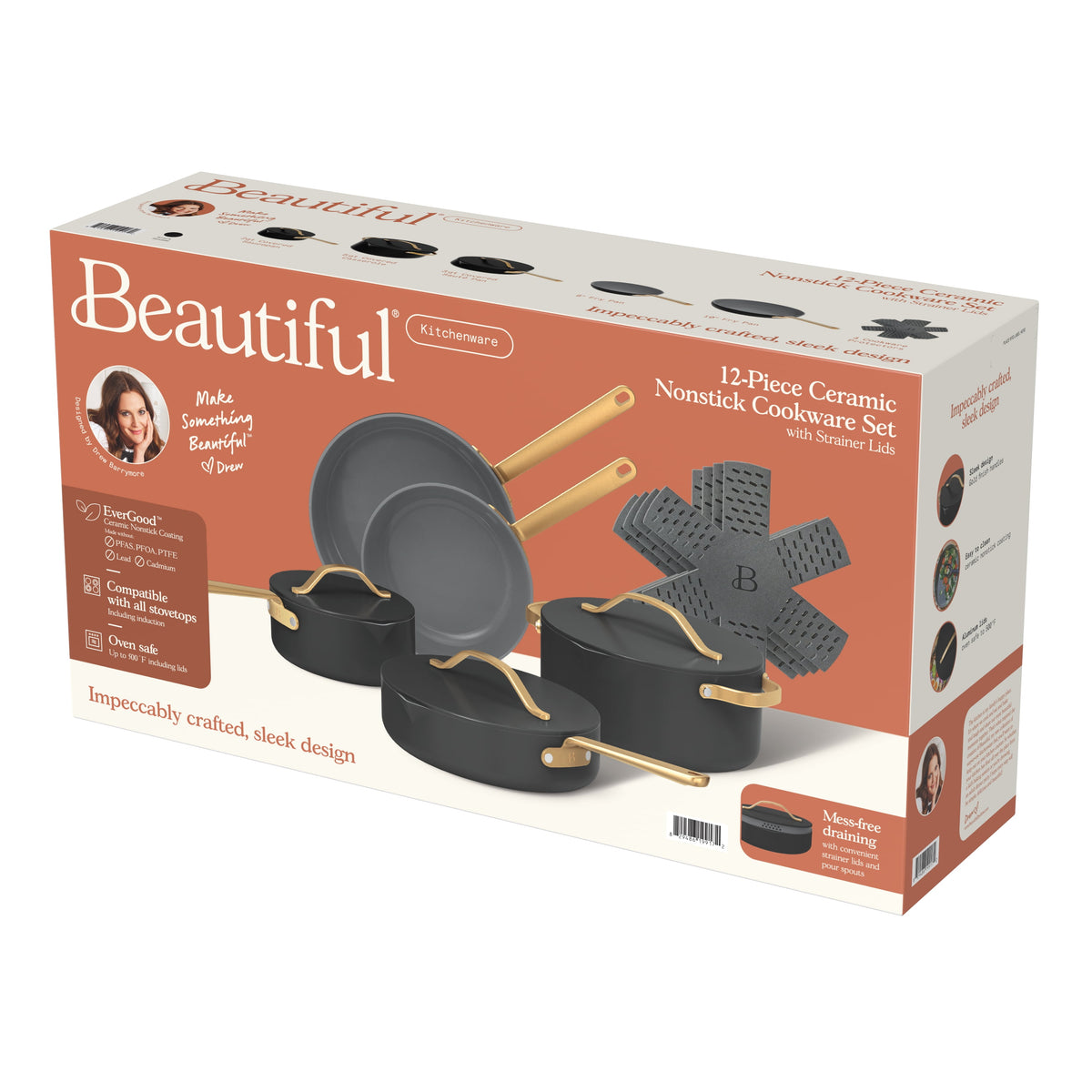 Beautiful 12-Piece Cookware Set, Pots and Pans with Strainer Lids and EverGood Ceramic Nonstick Coating, White Icing by Drew Barrymore