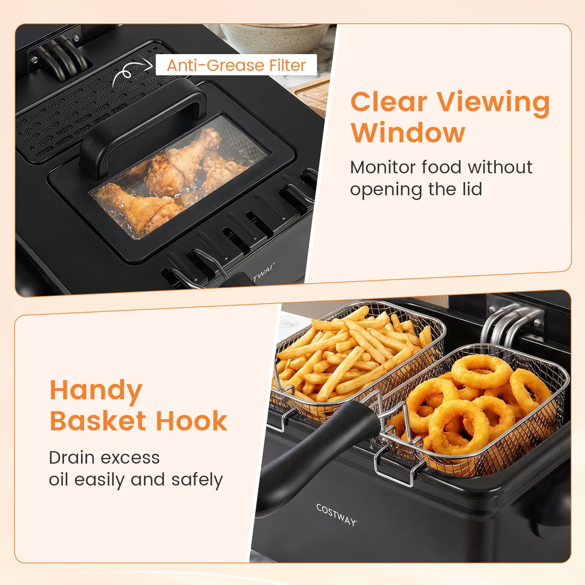 Costway Electric Deep Fryer 5.3 QT/21-Cup Stainless Steel 1700W with Triple Basket Silver