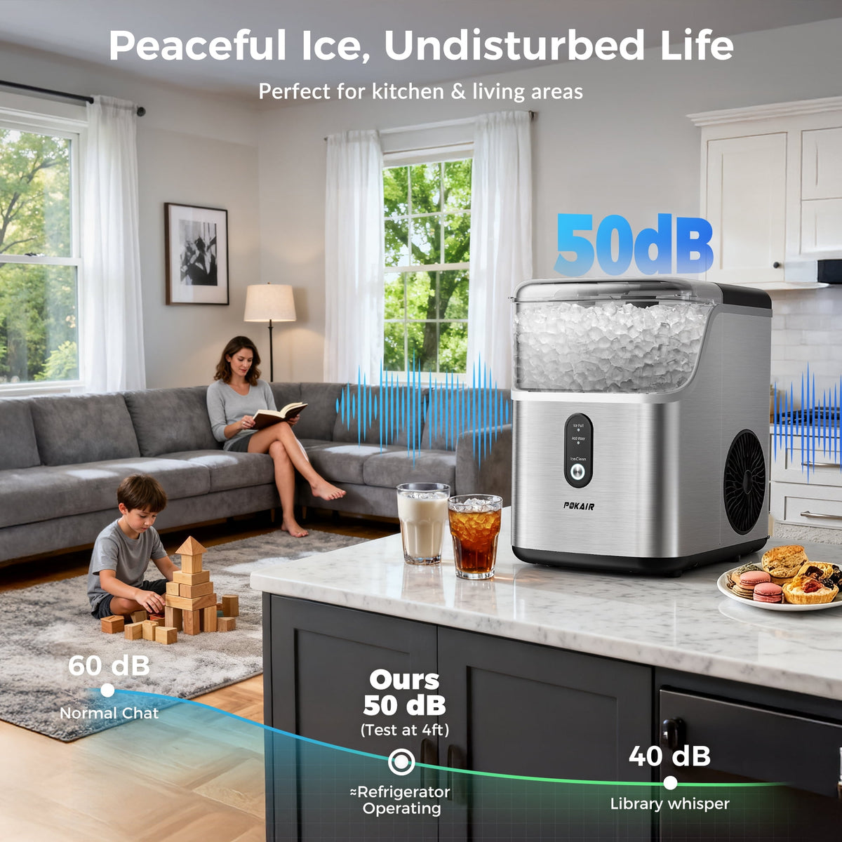 POKAIR Nugget Ice Maker Countertop, Sonic-Style Chewable Pebble Ice in 9 Min, 33 lbs/Day, Self-Cleaning, One-key Control, ETL, Brushed Stainless Steel