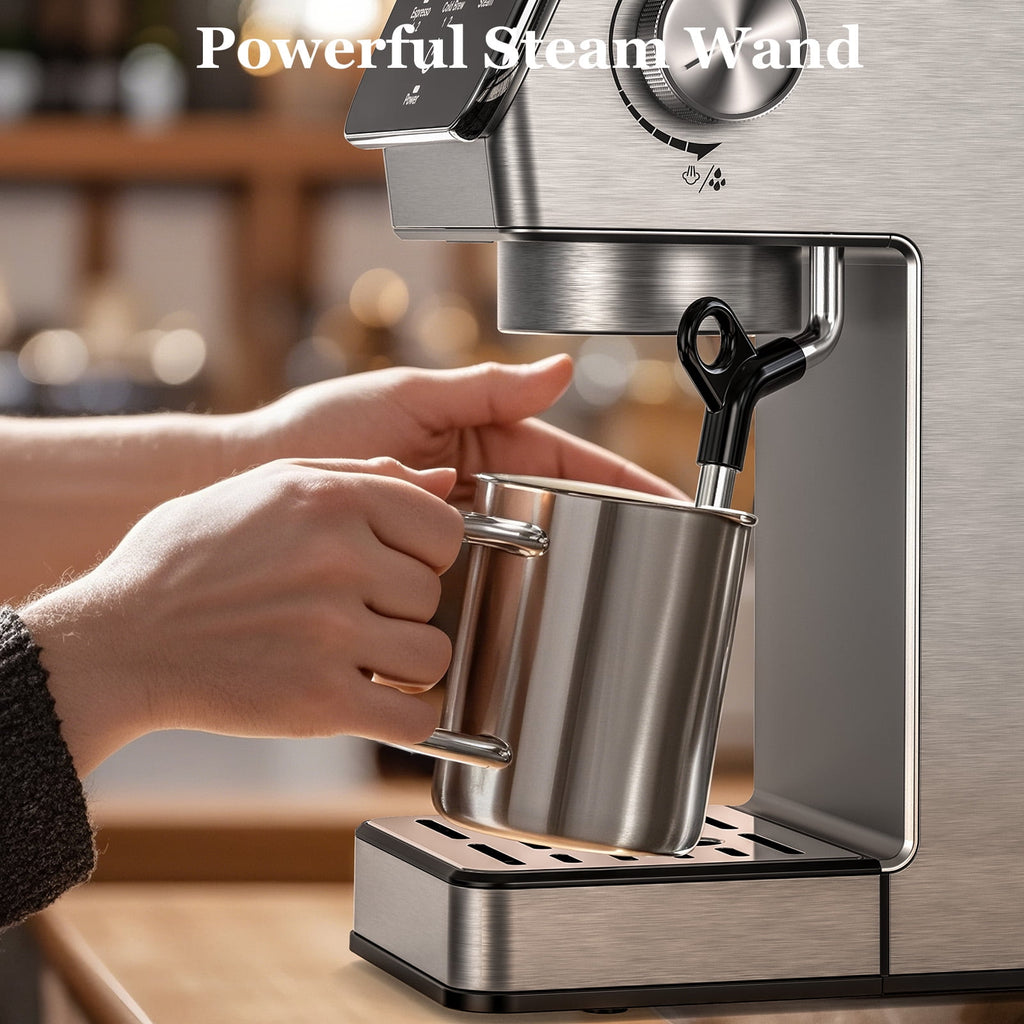 Espresso Machine 20 Bar, Rapid Cold Brew, Stainless Steel Coffee Machine with 40oz Removable Water Tank for Cappuccino, Latte, Silver