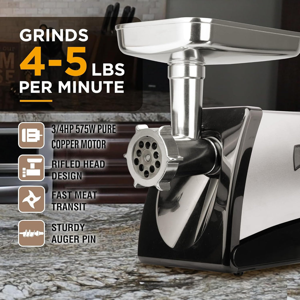 Valley Sportsman #8 Stainless Steel Meat Grinder, Powerful 575-Watt Motor Sausage Meat Grinder with Grinder Knife, Ideal for Regular Use, Sausage Making, Silver