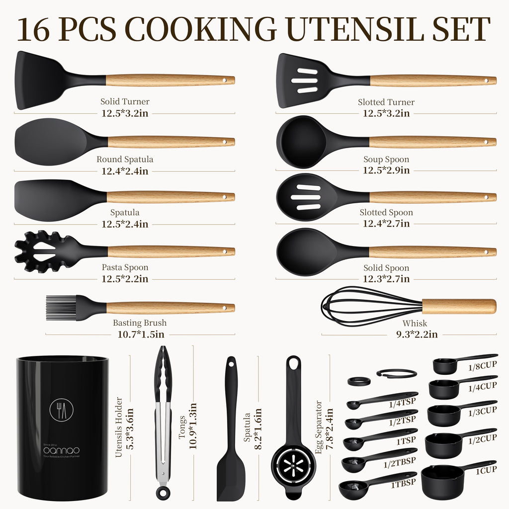 Silicone Cooking Utensils Set - Silicone Kitchen Utensils for Cooking Wooden Handles, 446°F Heat Resistant Kitchen Utensil Spatula Sets w Holder, Gadgets for Non-Stick Cookware BPA FREE (Black)