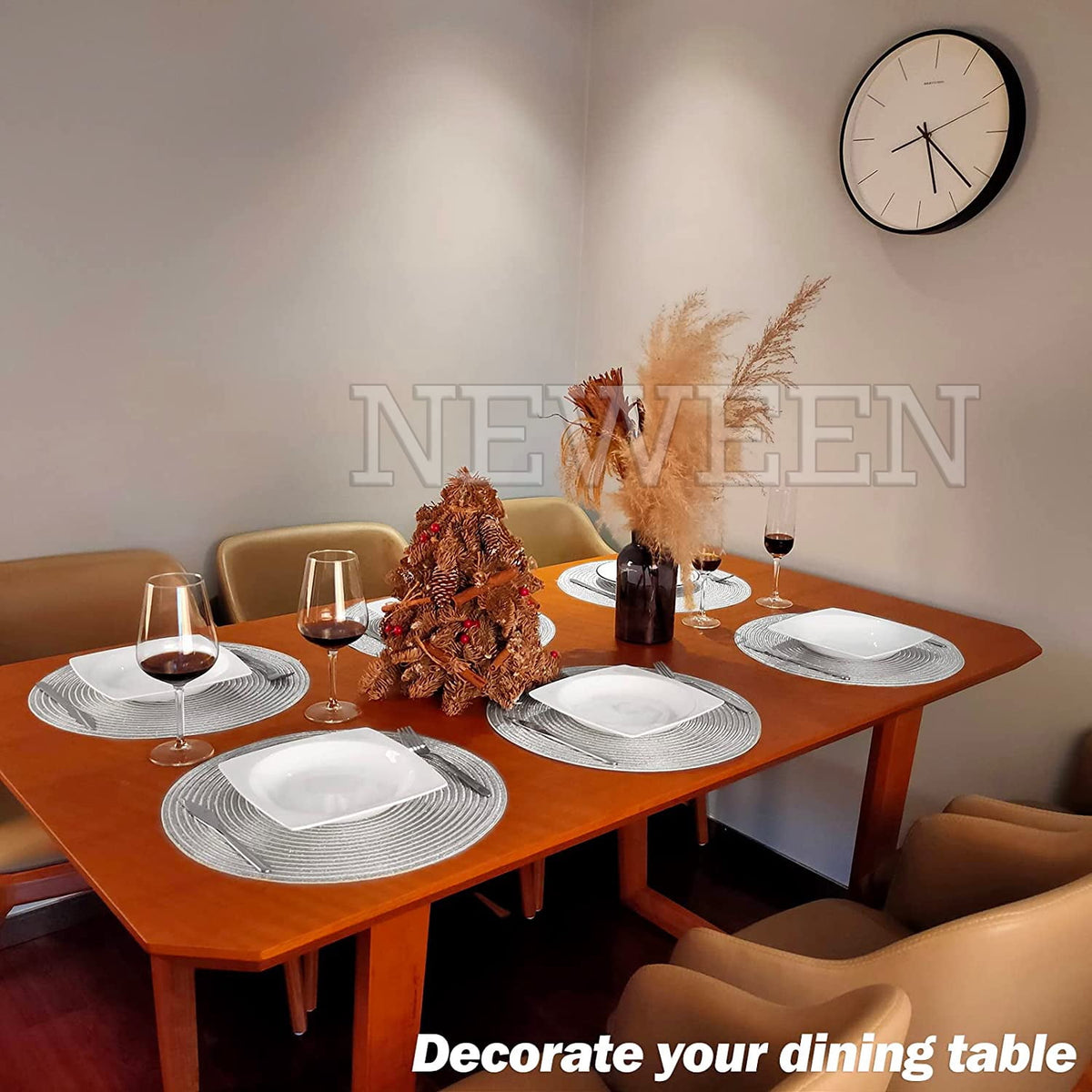 NEWEEN 15" Round Placemats Set of 6 Braided Fabric Heat Resistant Washable Table Mat for Kitchen for Kitchen Party Decor