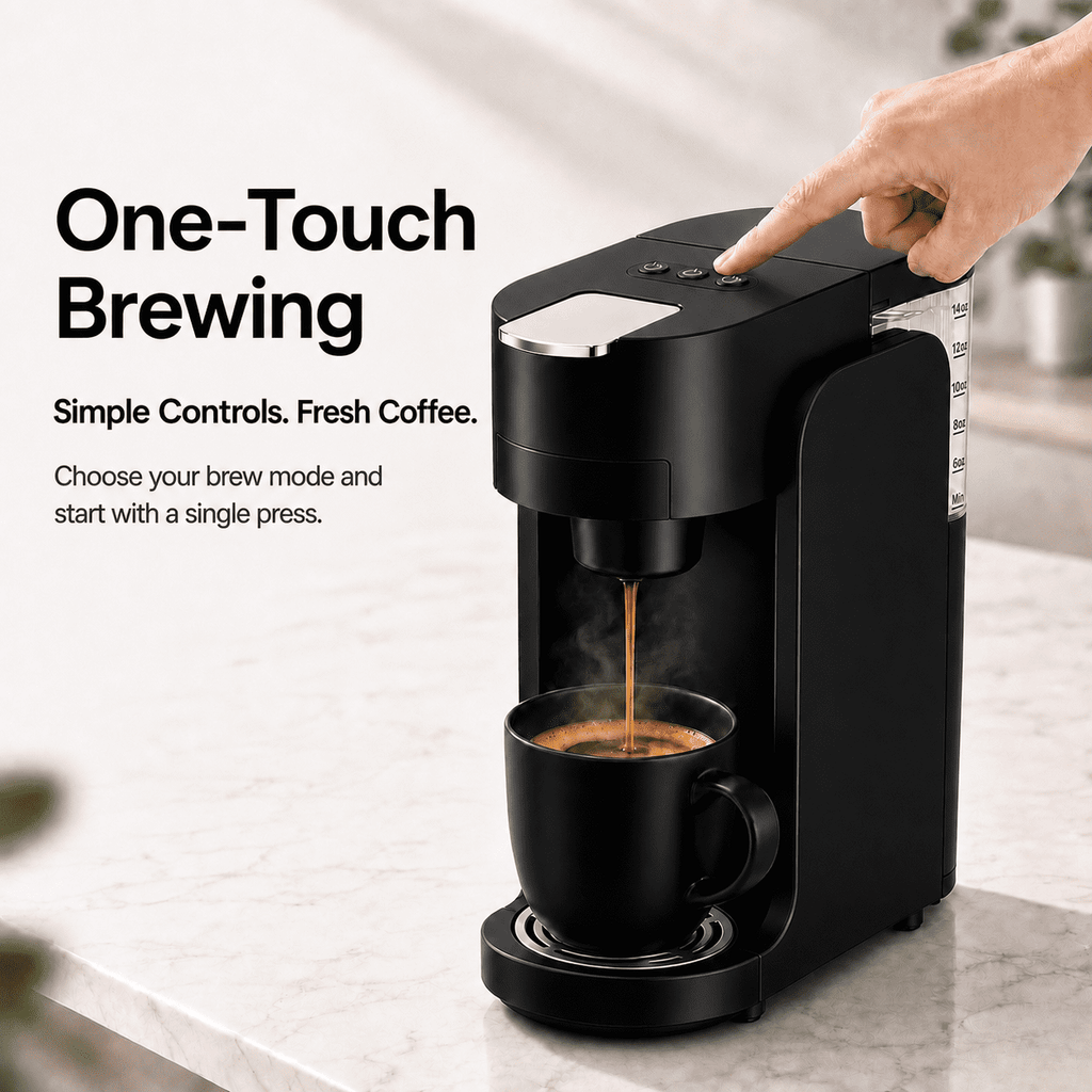Icreopro Single Serve Coffee Maker, 2-in-1 Pod and Ground Coffee Brewer with Reusable Filter, 14 oz Water Reservoir, Fast Heat-Up, Black