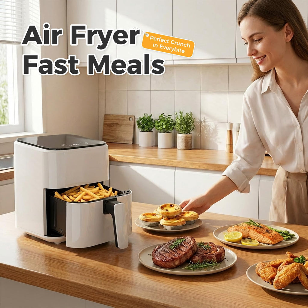 LIFERECORD 3QT Compact Air Fryer, Touch Panel, 800W, 160-400°F, Auto Shut-Off & Overheat Protection, White, for Single/Small Family