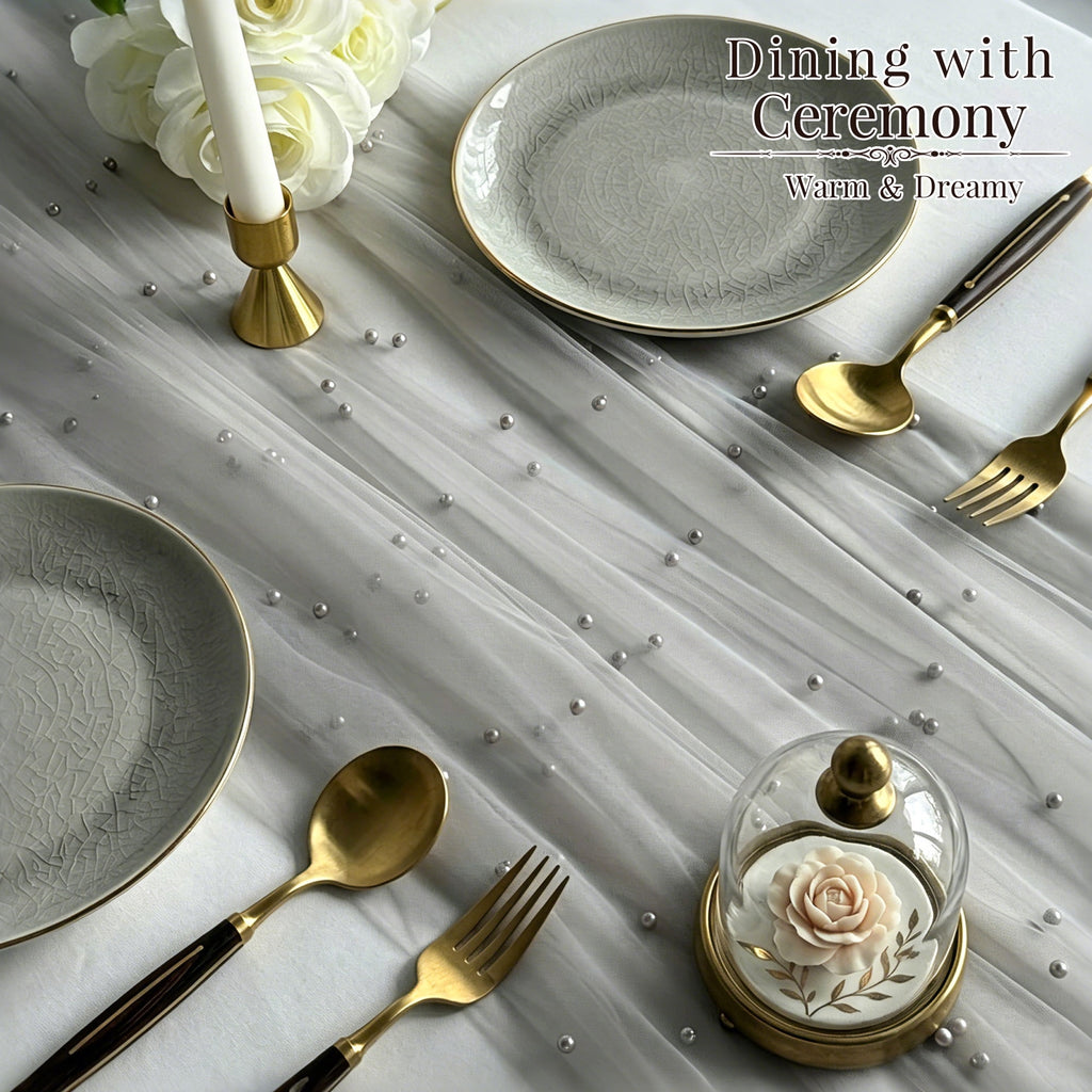 Inosoo Pearl Gauze Table Runner 30x120 inch, 10FT Sheer Tulle Table Decor with Shatterproof Pearls for Wedding Party Dining, White