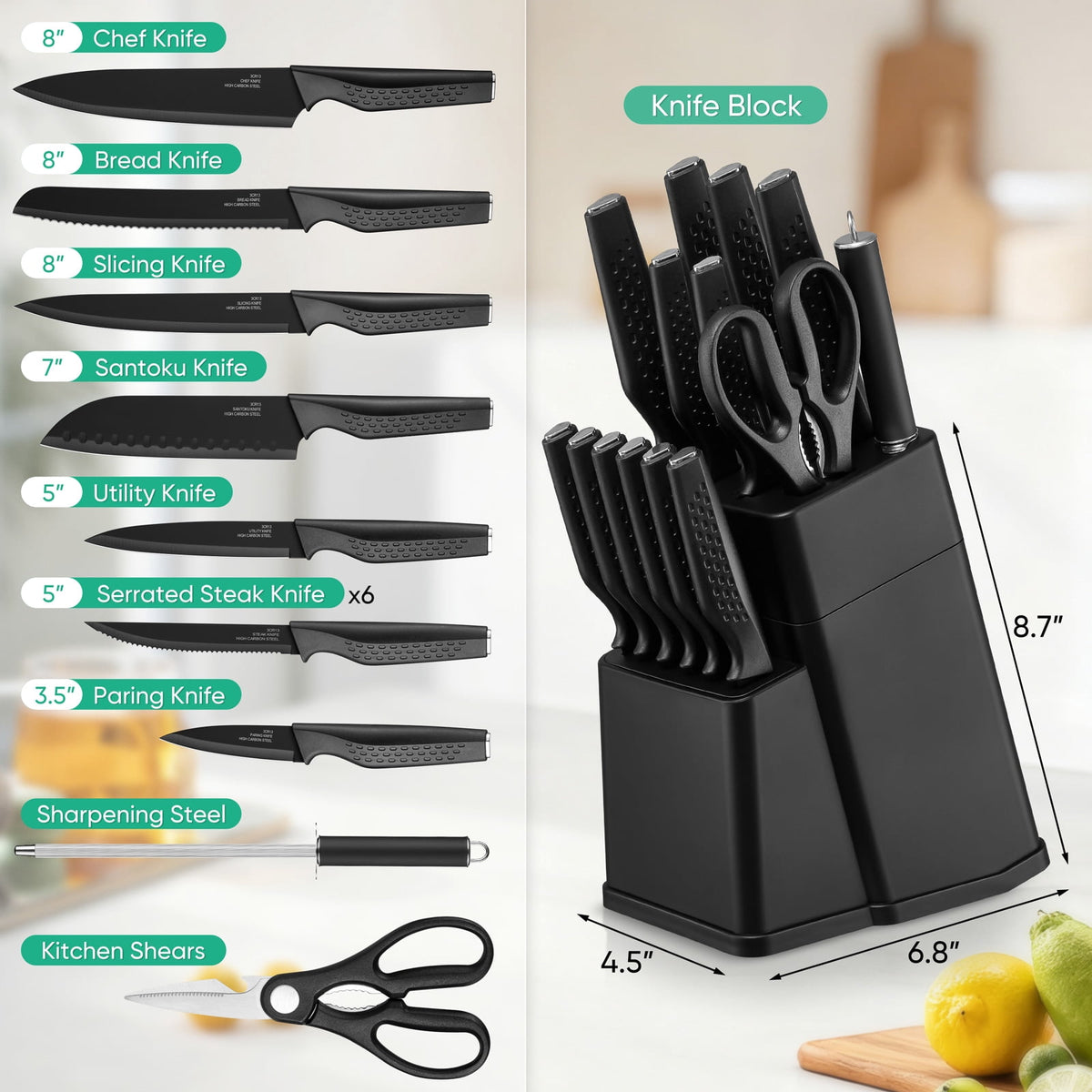 Vesteel Knife Block Set for Kitchen, 15-Piece High Carbon Stainless Steel Knives Set with Ergonomic Handle, Ultra-sharp & Rust Resistant, Walnut Brown