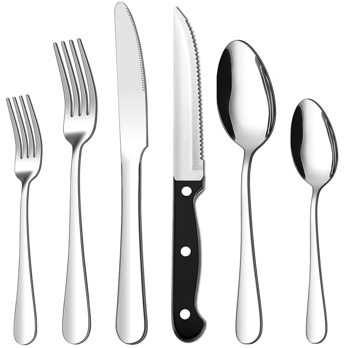TINANA Silverware Sets, 24 PCS Flatware Set for 4, Stainless Steel Cutlery Utensil Set with Steak Knives Mirror Polished Forks and Spoons, Silver