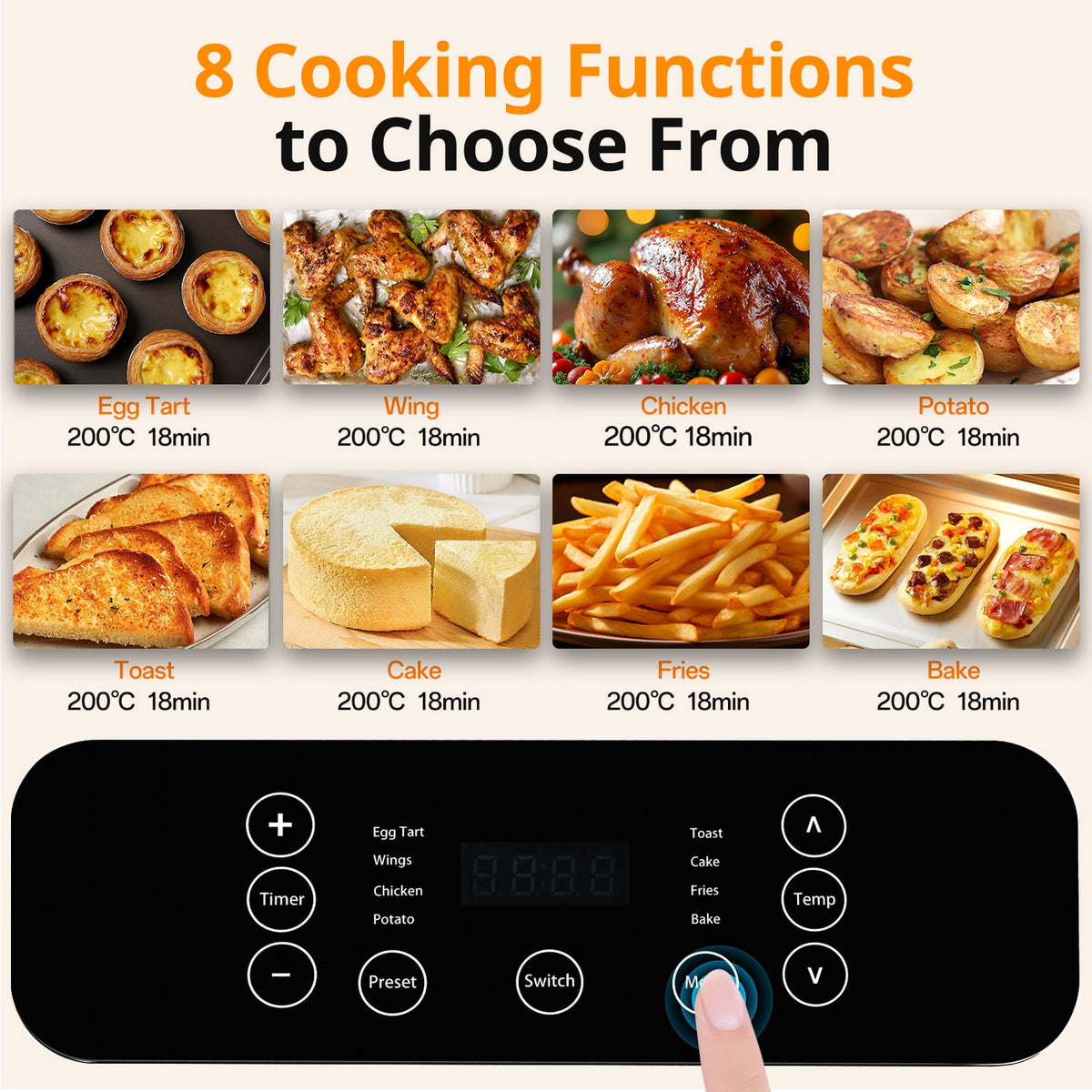 TINANA 10 QT Air Fryer Oven, 8 Preset Functions, LED Smart Touch Display, Oil-Less Cooking, Visible Window, Black
