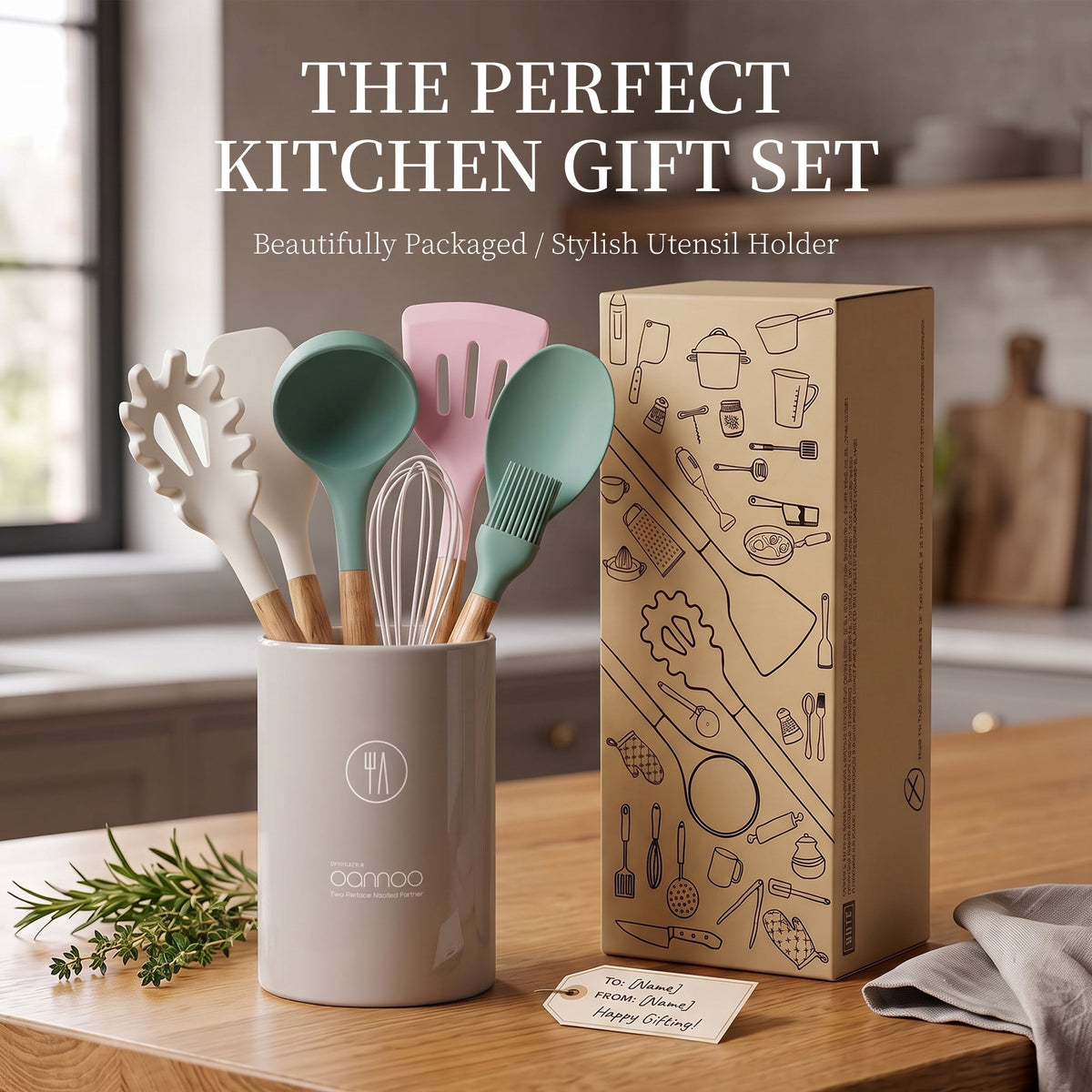 Silicone Cooking Utensils Set - Silicone Kitchen Utensils for Cooking Wooden Handles, 446°F Heat Resistant Kitchen Utensil Spatula Sets w Holder, Gadgets for Non-Stick Cookware BPA FREE (Black)
