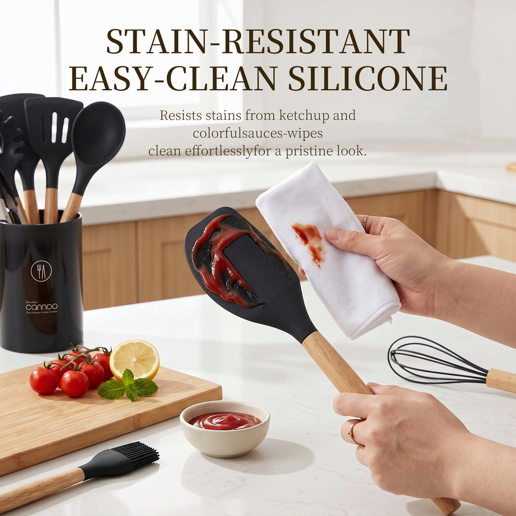Silicone Cooking Utensils Set - Silicone Kitchen Utensils for Cooking Wooden Handles, 446°F Heat Resistant Kitchen Utensil Spatula Sets w Holder, Gadgets for Non-Stick Cookware BPA FREE (Black)