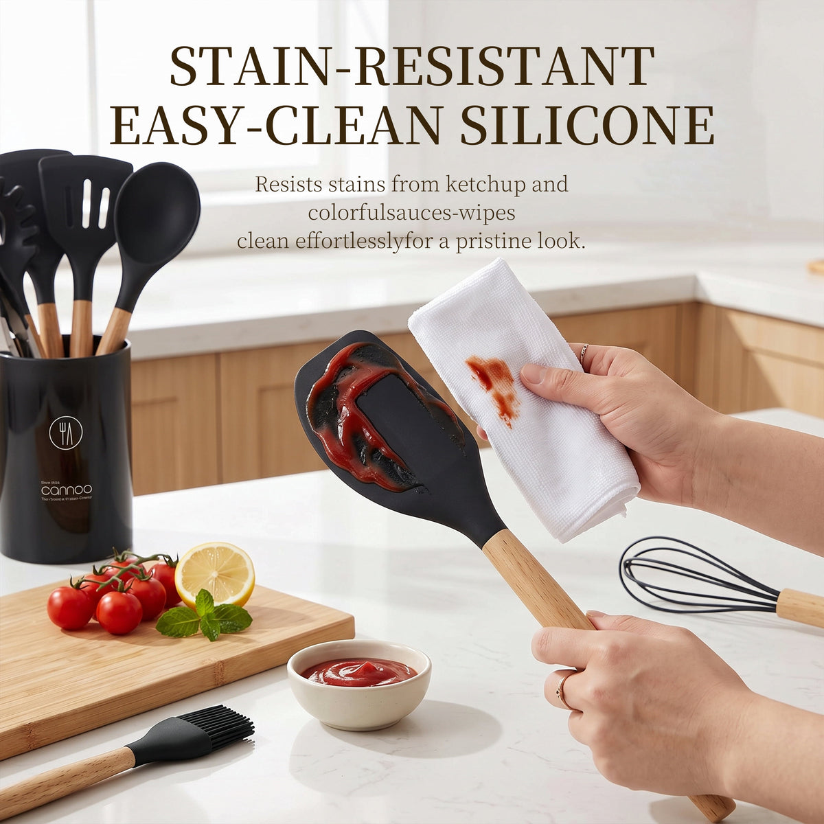 Silicone Cooking Utensils Set - Silicone Kitchen Utensils for Cooking Wooden Handles, 446°F Heat Resistant Kitchen Utensil Spatula Sets w Holder, Gadgets for Non-Stick Cookware BPA FREE (Black)