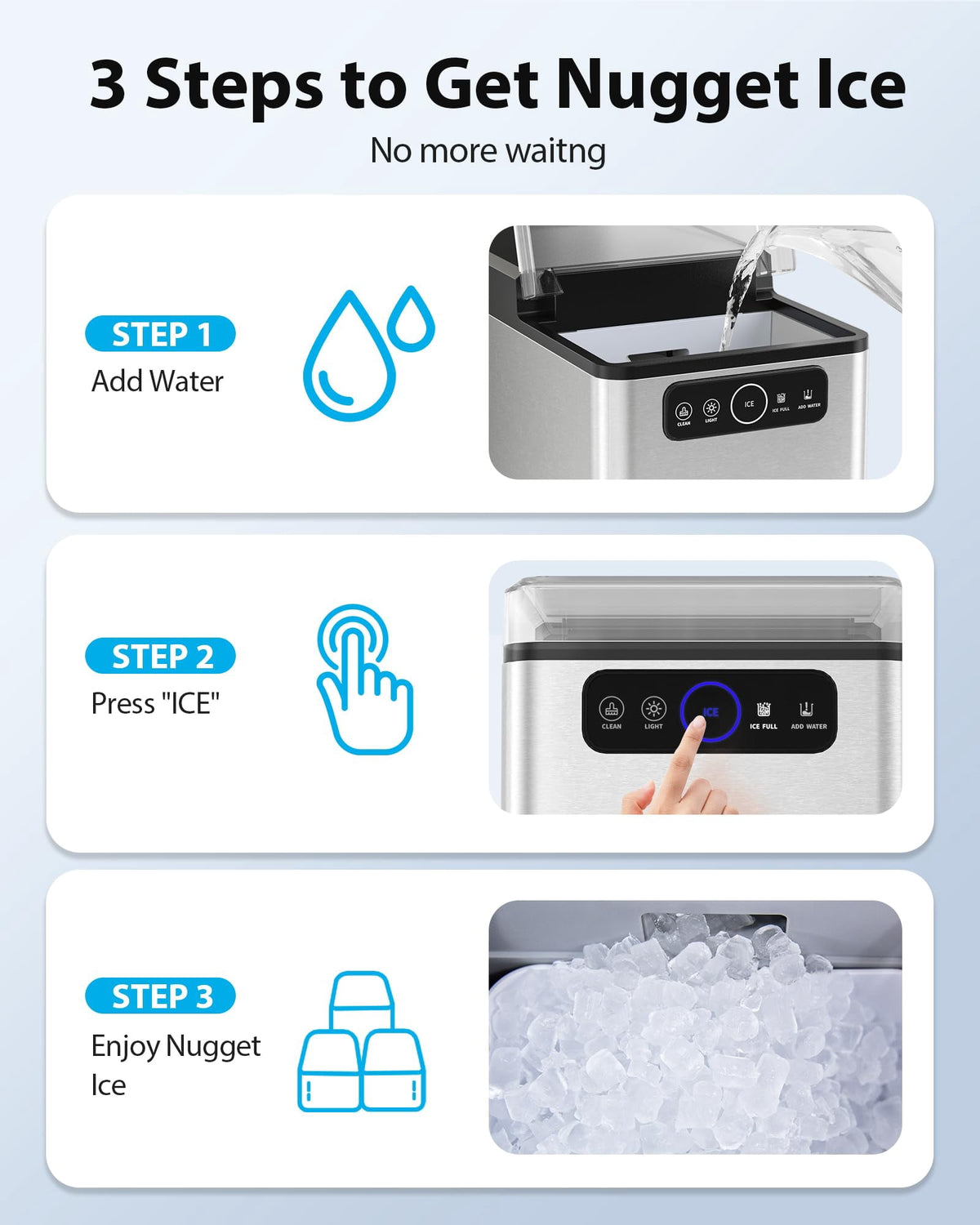 Aeitto Nugget Ice Maker Countertop, Pellet Ice Machine Soft Chewable Ice 40lbs/Day, One-Click Operation, Auto Self-Cleaning Crushed Ice Makers Stainless with Scoop for Home/Kitchen/Office Black