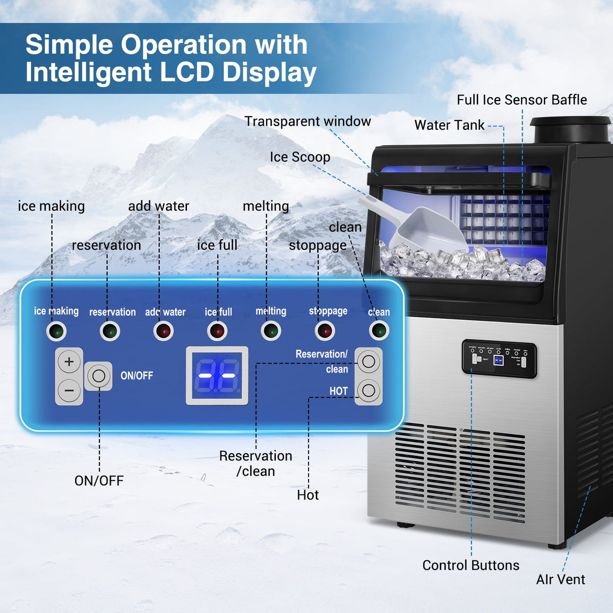 TITTLA Commercial Ice Maker 88Lbs/24H,Freestanding Built-in Ice Machine with 23 lbs Storage,5x9 Cubed Ice,Stainless Steel