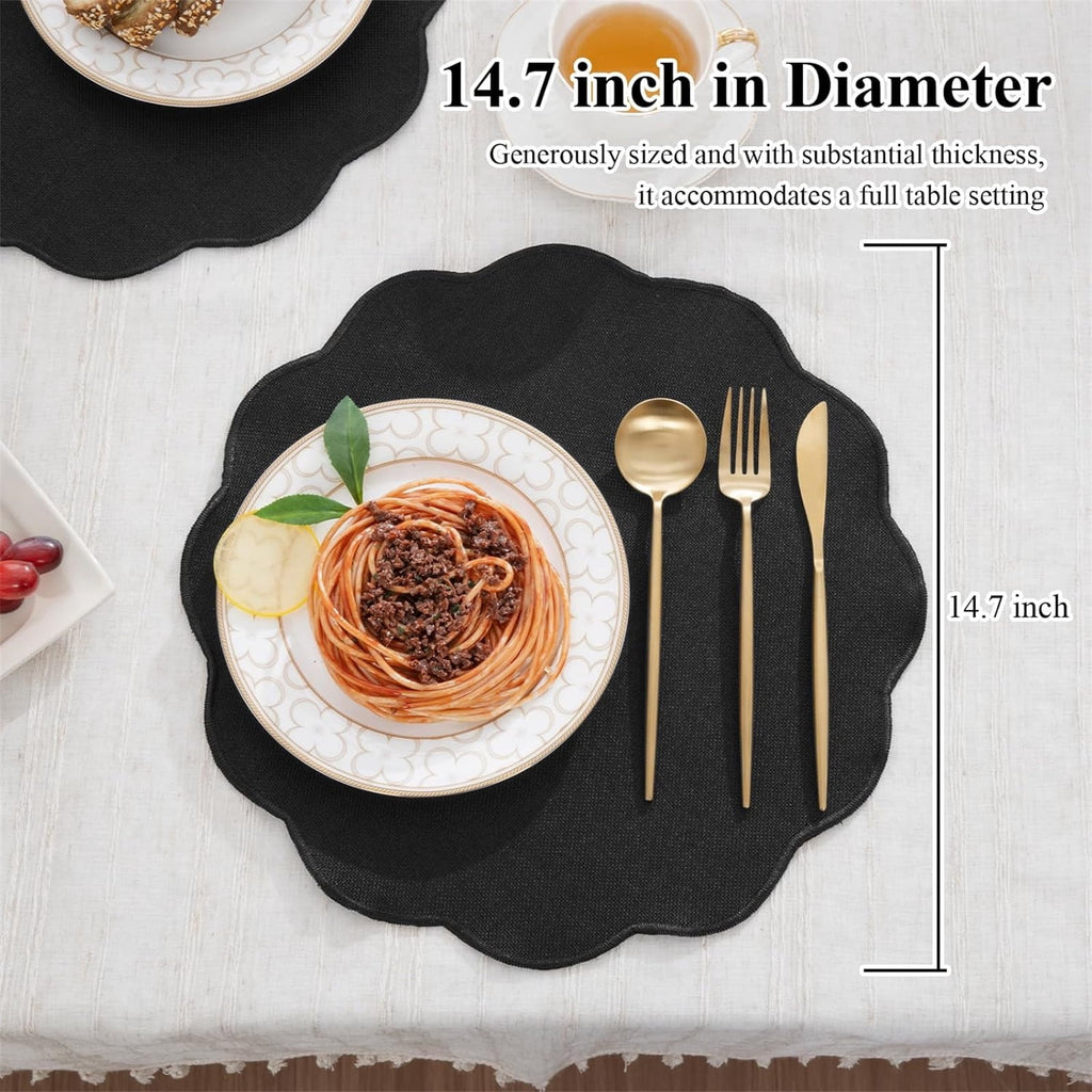 Ileading Scalloped Round Placemats Set of 6 Polyester Linen Blend Washable Non Slip Place Mats Easy Clean Heat Resistant Table Mats for Kitchen Dining Table Decor